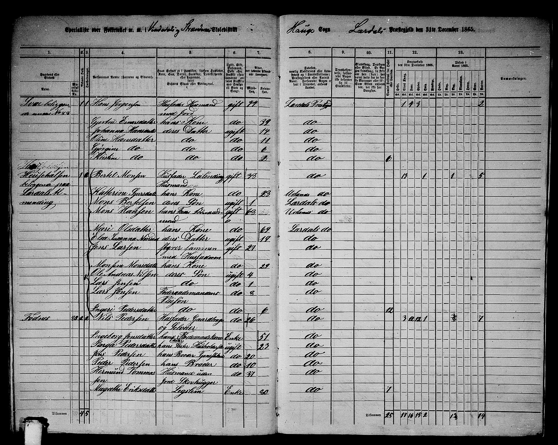 RA, 1865 census for Lærdal, 1865, p. 170