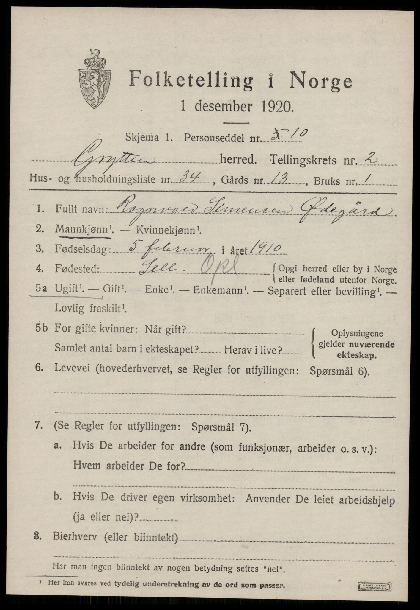 SAT, 1920 census for Grytten, 1920, p. 2212