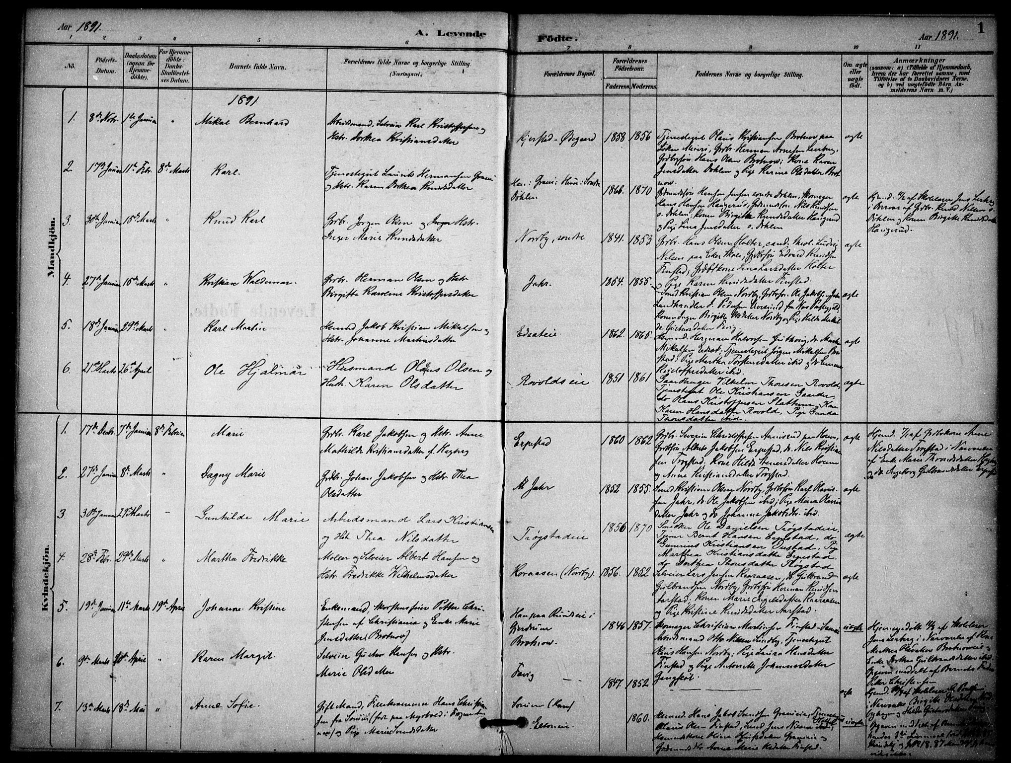 Nannestad prestekontor Kirkebøker, SAO/A-10414a/F/Fb/L0002: Parish register (official) no. II 2, 1891-1909, p. 1