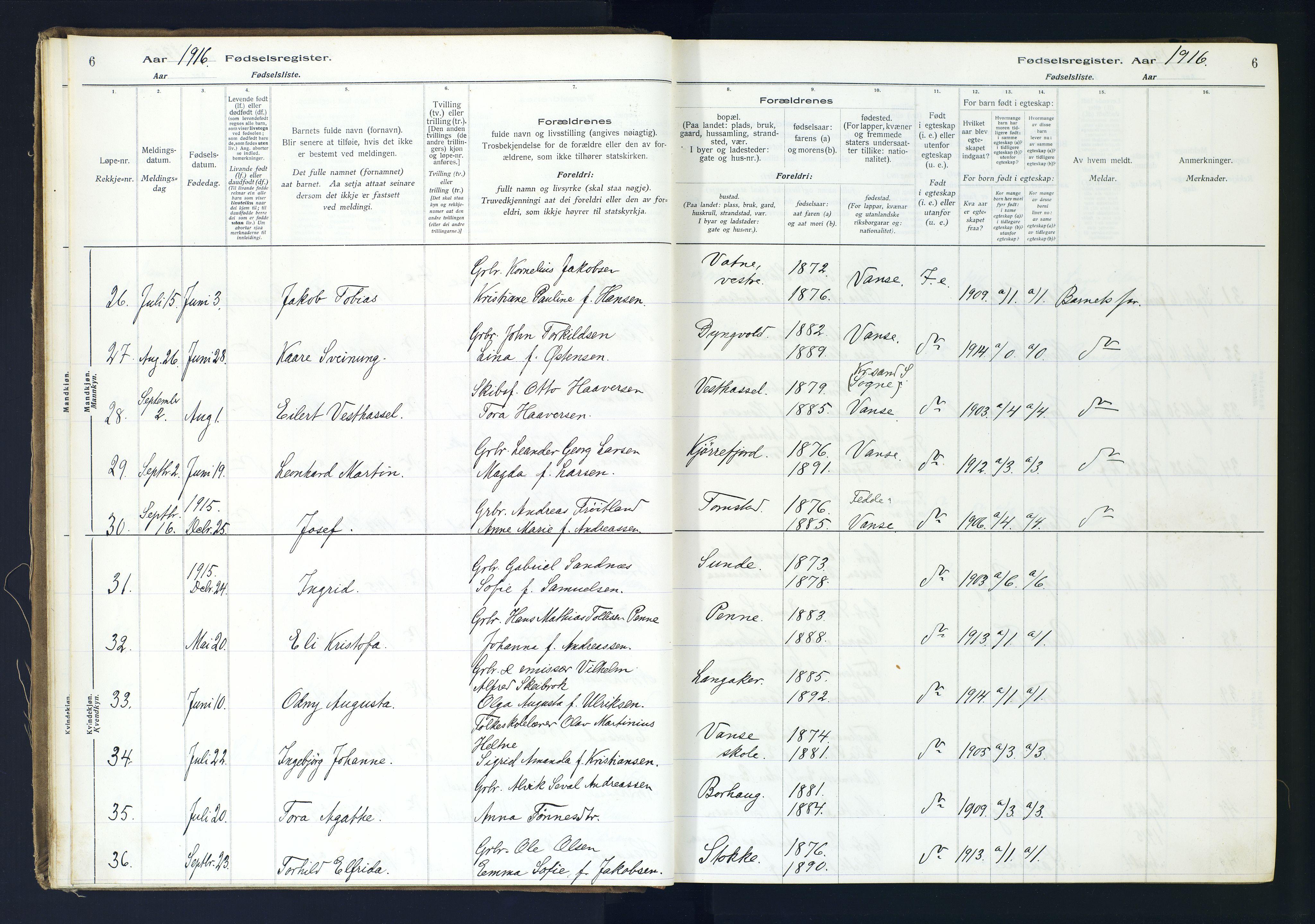 Lista sokneprestkontor, SAK/1111-0027/J/Ja/L0001: Birth register no. A-VI-30, 1916-1934, p. 6