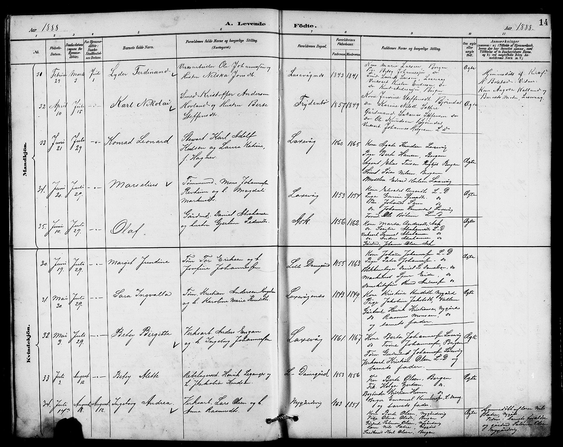 Laksevåg Sokneprestembete, SAB/A-76501/H/Ha/Hab/Haba/L0003: Parish register (copy) no. A 3, 1887-1899, p. 14
