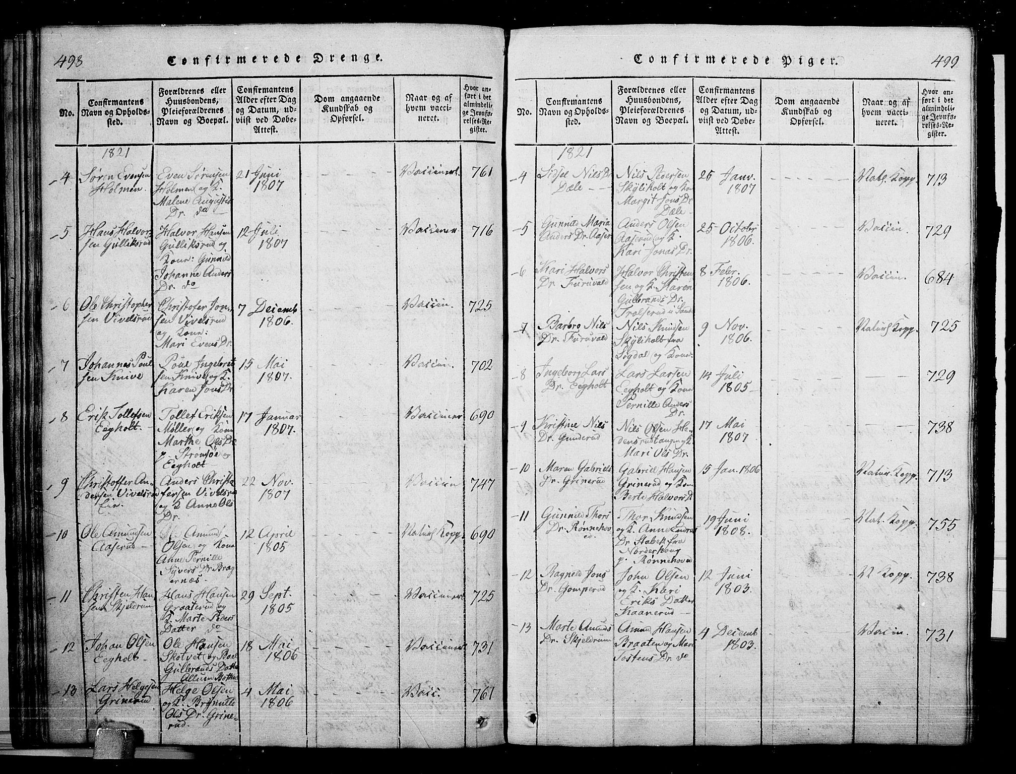 Skoger kirkebøker, AV/SAKO-A-59/G/Ga/L0001: Parish register (copy) no. I 1, 1814-1845, p. 498-499