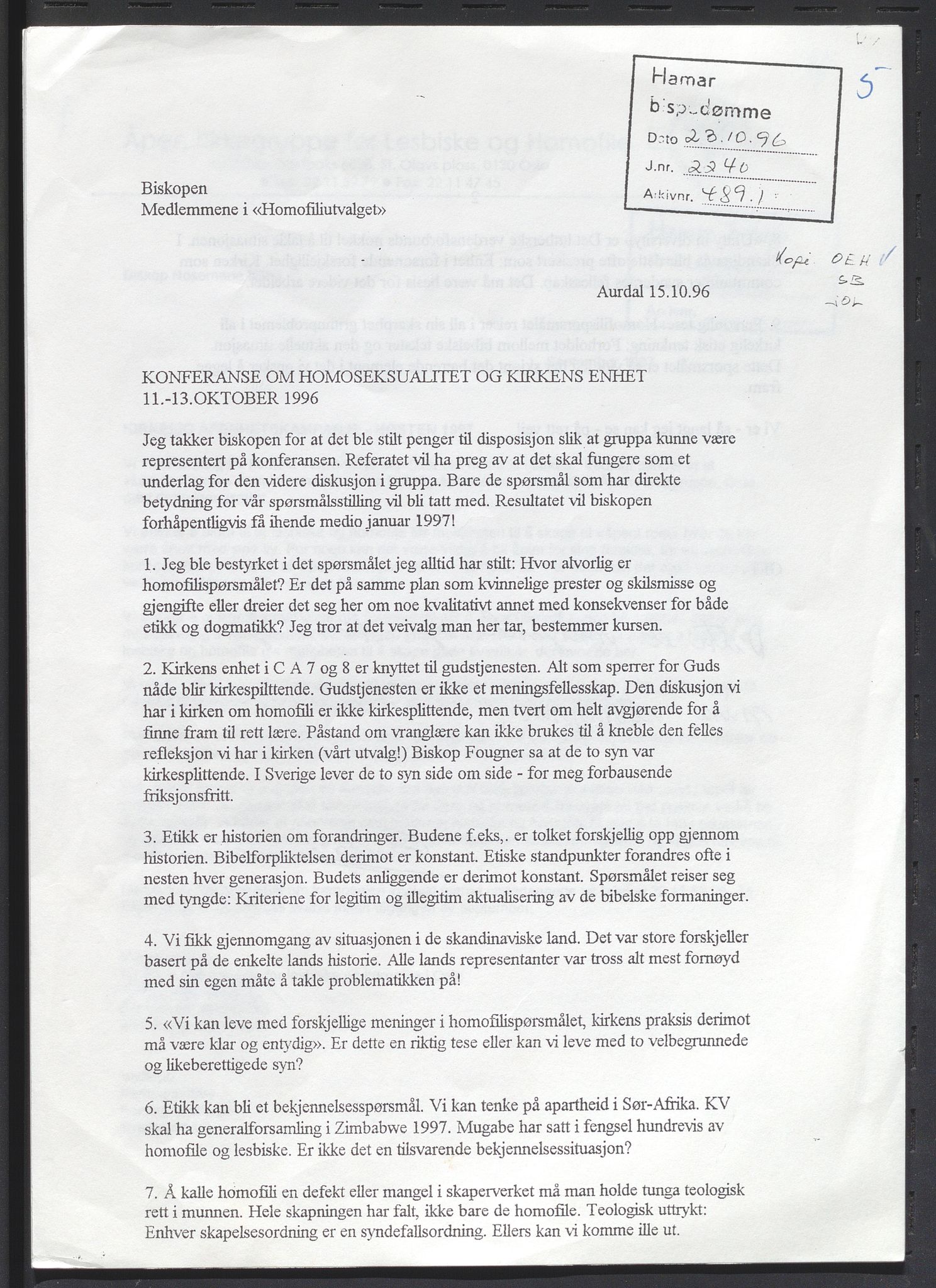 Hamar bispedømmeråd, SAH/BISPEDØMRÅD-002/D/Da/L0051: Sakarkiv ordnet etter arkivnøkkel, 1990-1998, p. 131