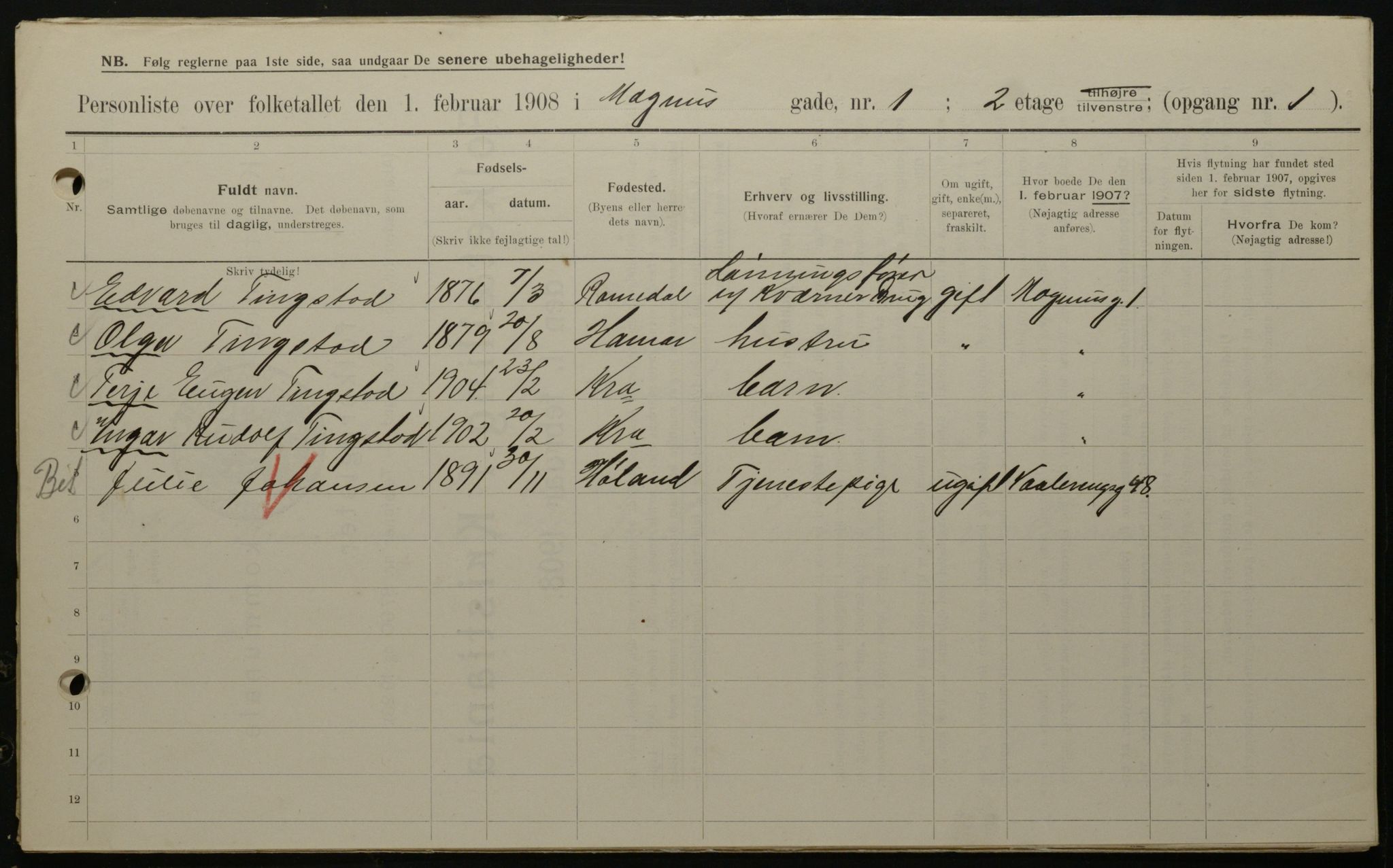 OBA, Municipal Census 1908 for Kristiania, 1908, p. 53001