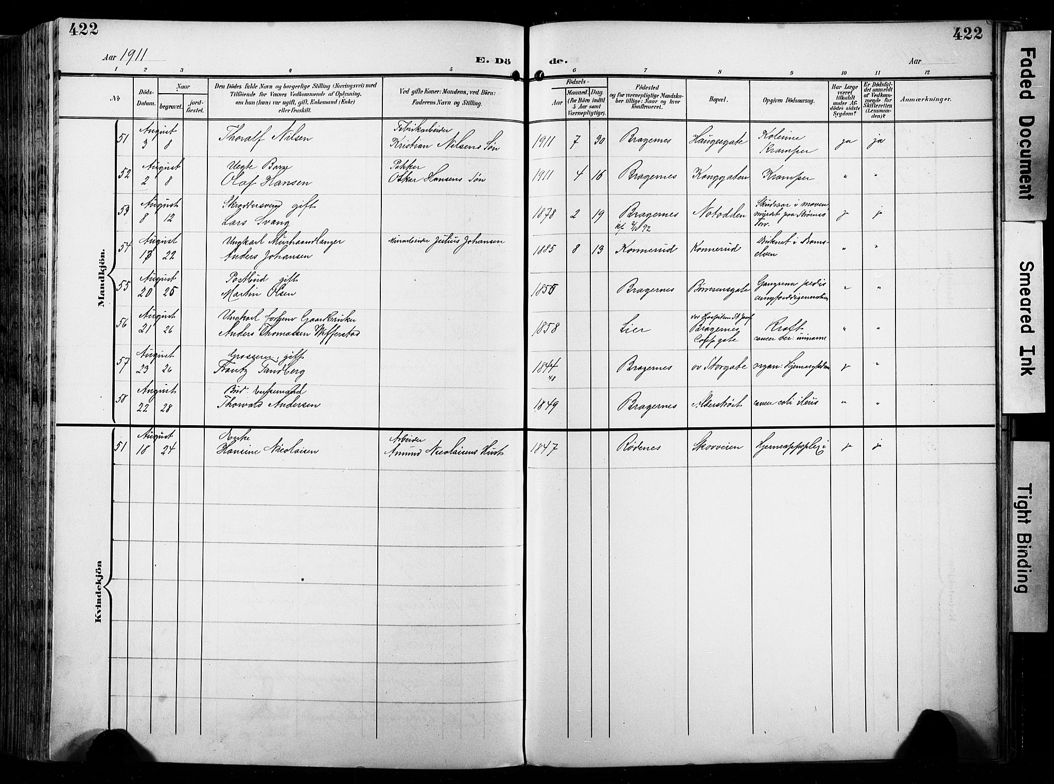 Bragernes kirkebøker, SAKO/A-6/F/Fb/L0009: Parish register (official) no. II 9, 1902-1911, p. 422