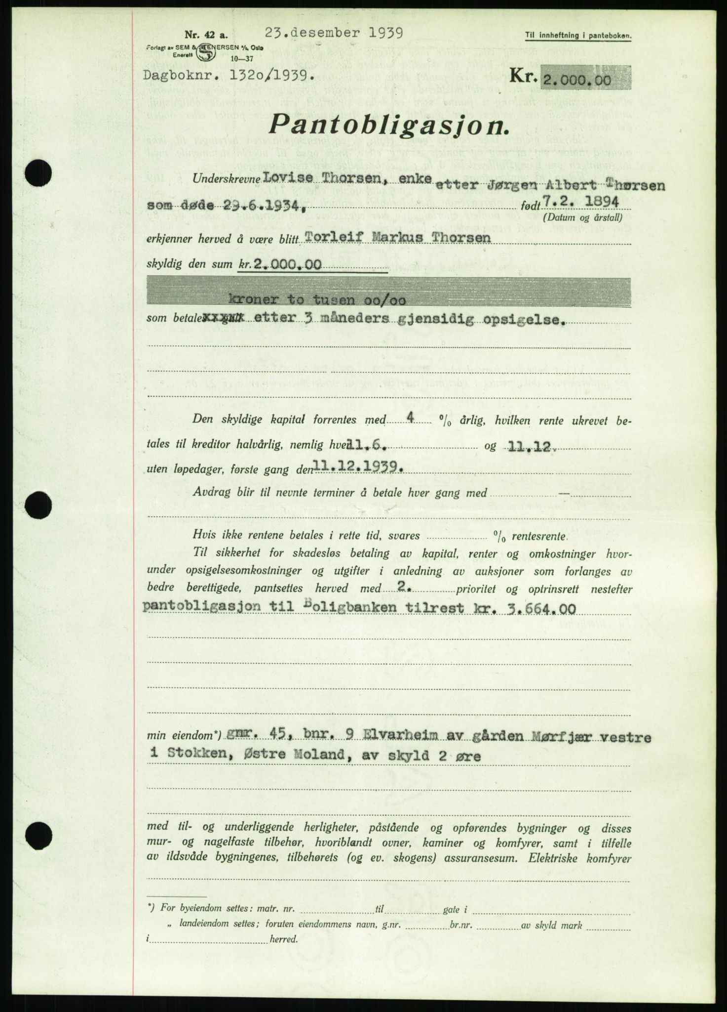 Nedenes sorenskriveri, AV/SAK-1221-0006/G/Gb/Gbb/L0001: Mortgage book no. I, 1939-1942, Diary no: : 1320/1939