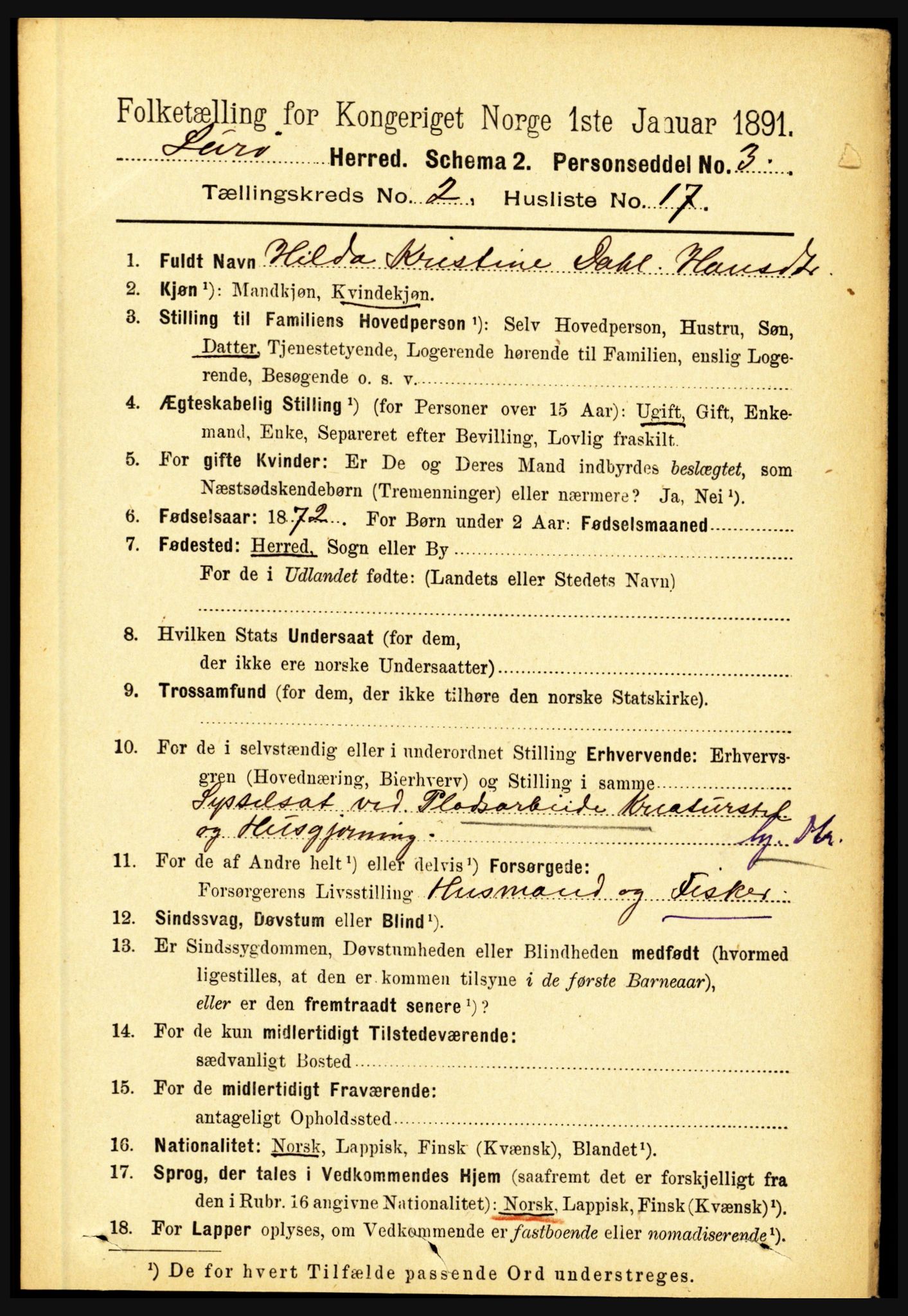 RA, 1891 census for 1834 Lurøy, 1891, p. 850