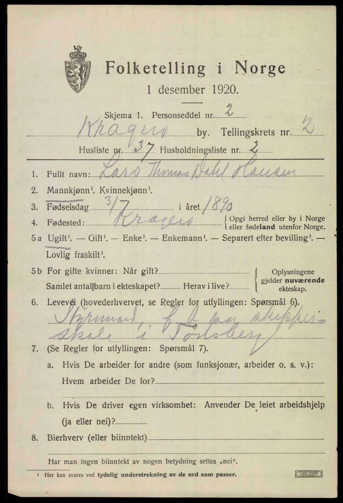 SAKO, 1920 census for Kragerø, 1920, p. 5799