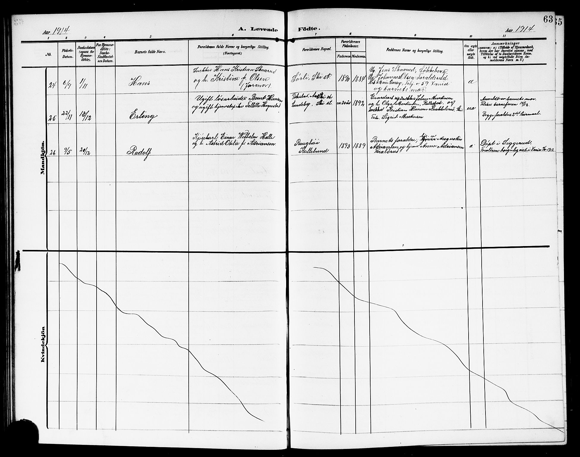 Kråkstad prestekontor Kirkebøker, SAO/A-10125a/G/Gb/L0001: Parish register (copy) no. II 1, 1905-1920, p. 63