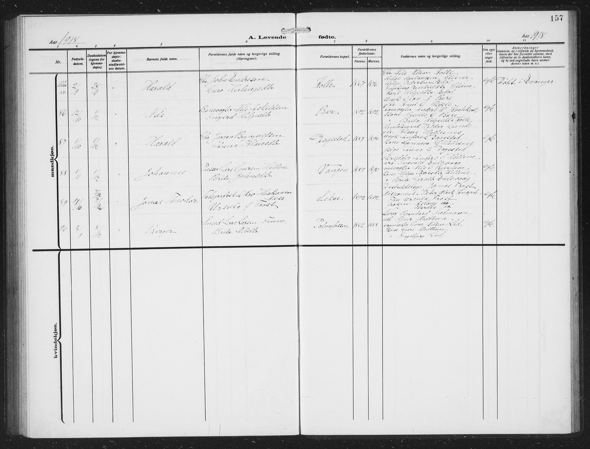 Voss sokneprestembete, AV/SAB-A-79001/H/Hab: Parish register (copy) no. C 3, 1909-1920, p. 157