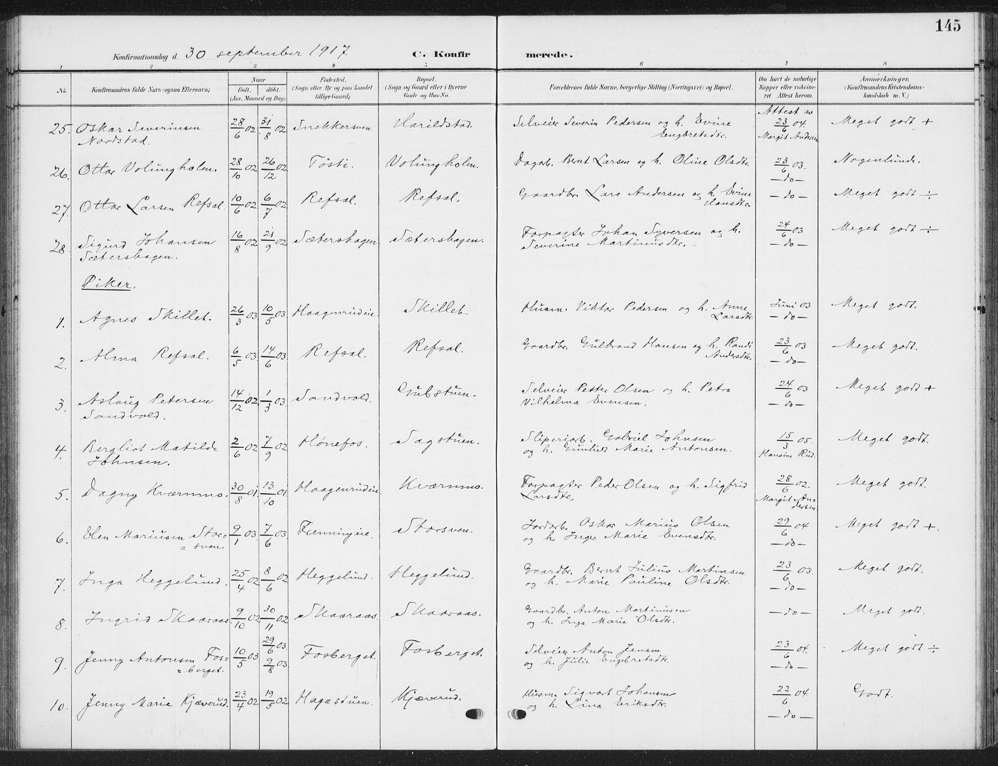 Romedal prestekontor, AV/SAH-PREST-004/K/L0009: Parish register (official) no. 9, 1906-1929, p. 145