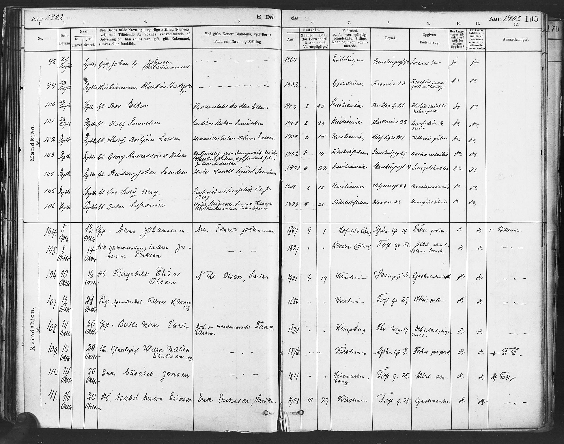 Paulus prestekontor Kirkebøker, AV/SAO-A-10871/F/Fa/L0012: Parish register (official) no. 12, 1897-1908, p. 105