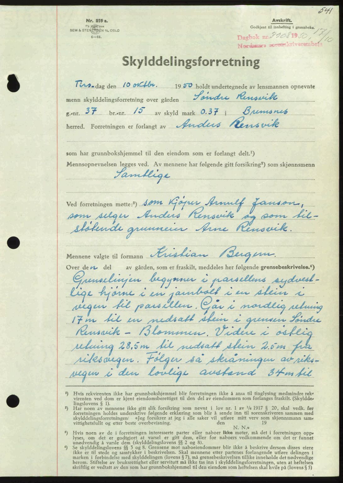 Nordmøre sorenskriveri, AV/SAT-A-4132/1/2/2Ca: Mortgage book no. A116, 1950-1950, Diary no: : 3208/1950