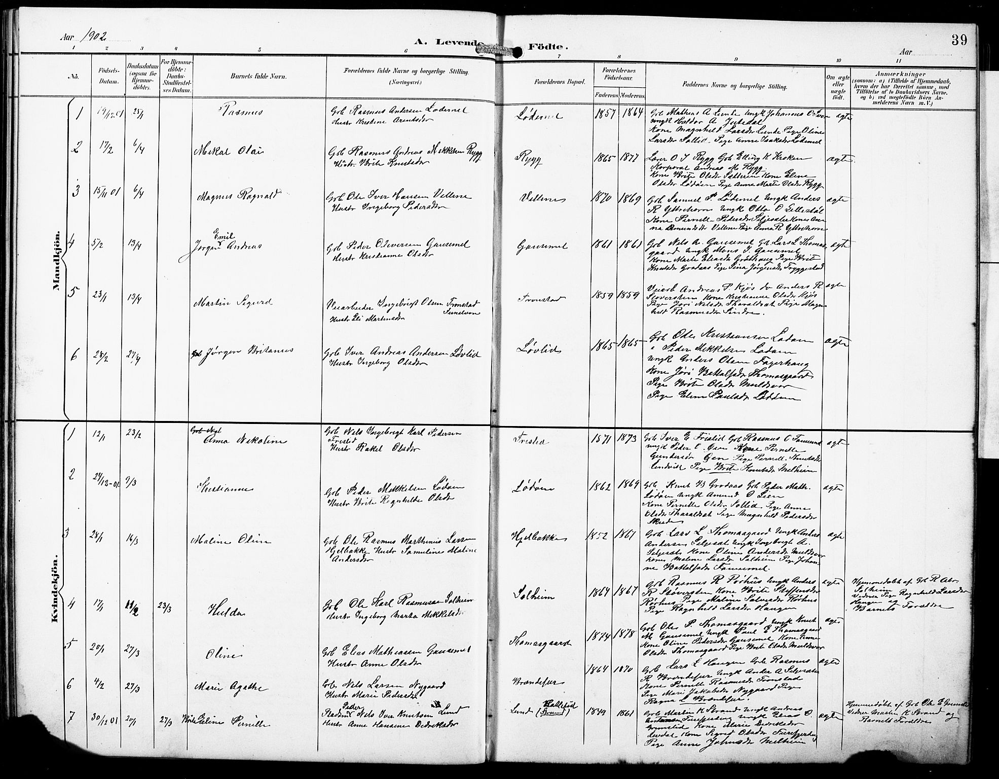 Hornindal sokneprestembete, SAB/A-82401/H/Hab: Parish register (copy) no. A 2, 1894-1927, p. 39