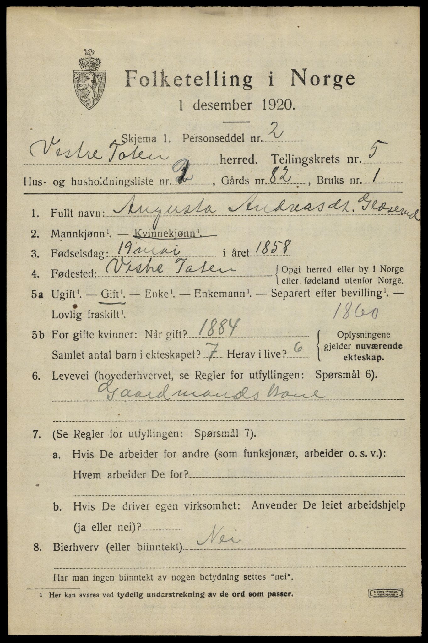 SAH, 1920 census for Vestre Toten, 1920, p. 7296