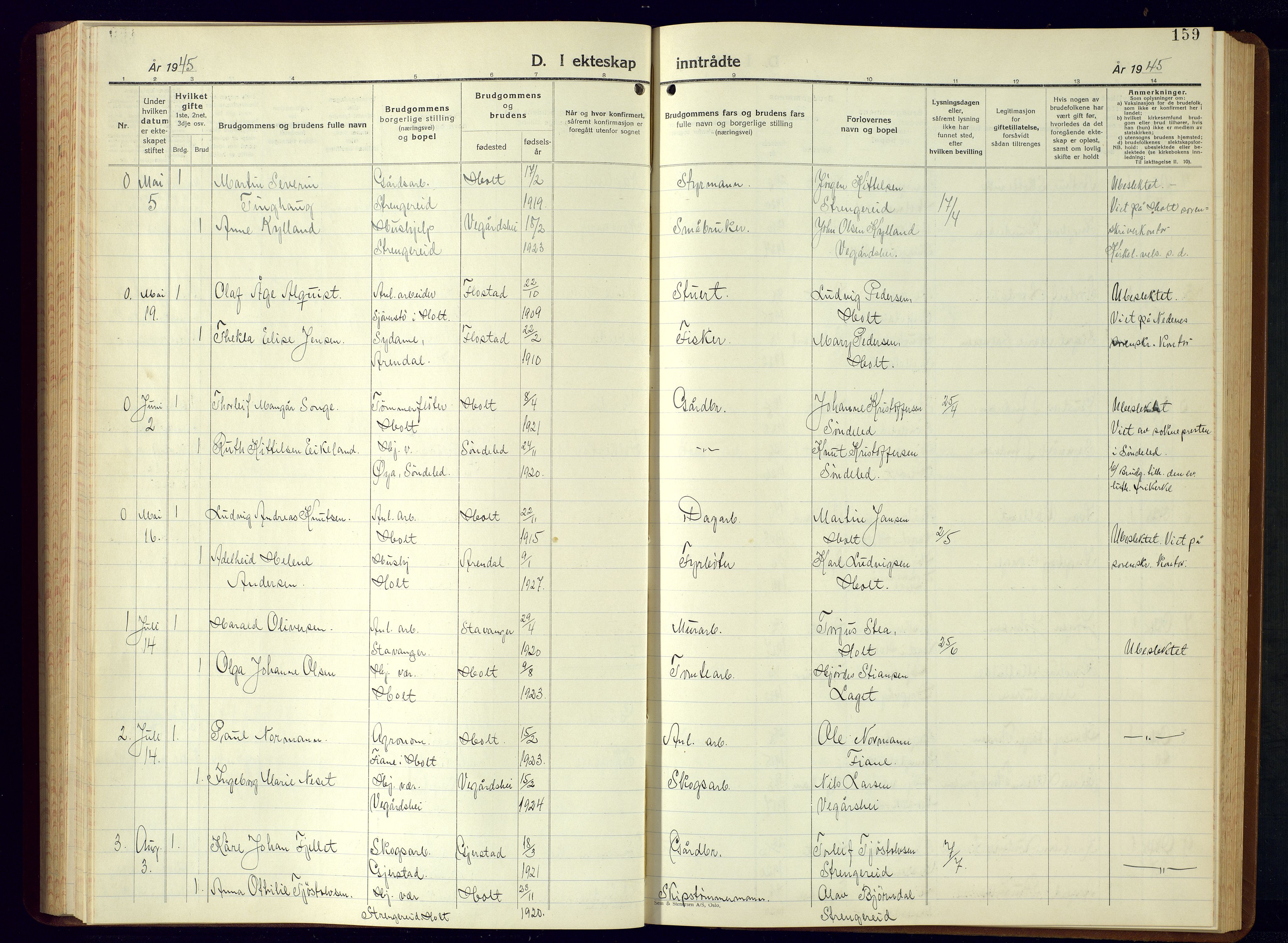 Holt sokneprestkontor, AV/SAK-1111-0021/F/Fb/L0013: Parish register (copy) no. B-13, 1940-1958, p. 159