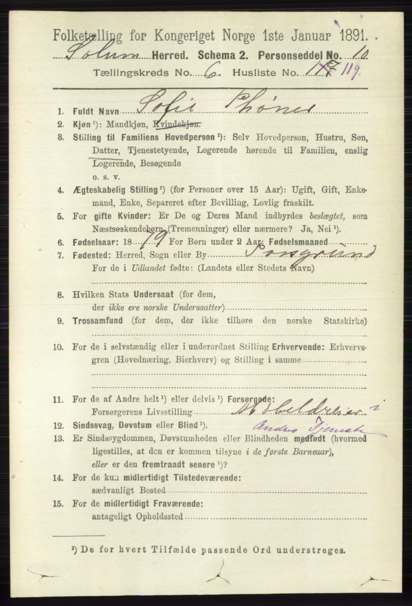 RA, 1891 census for 0818 Solum, 1891, p. 1852