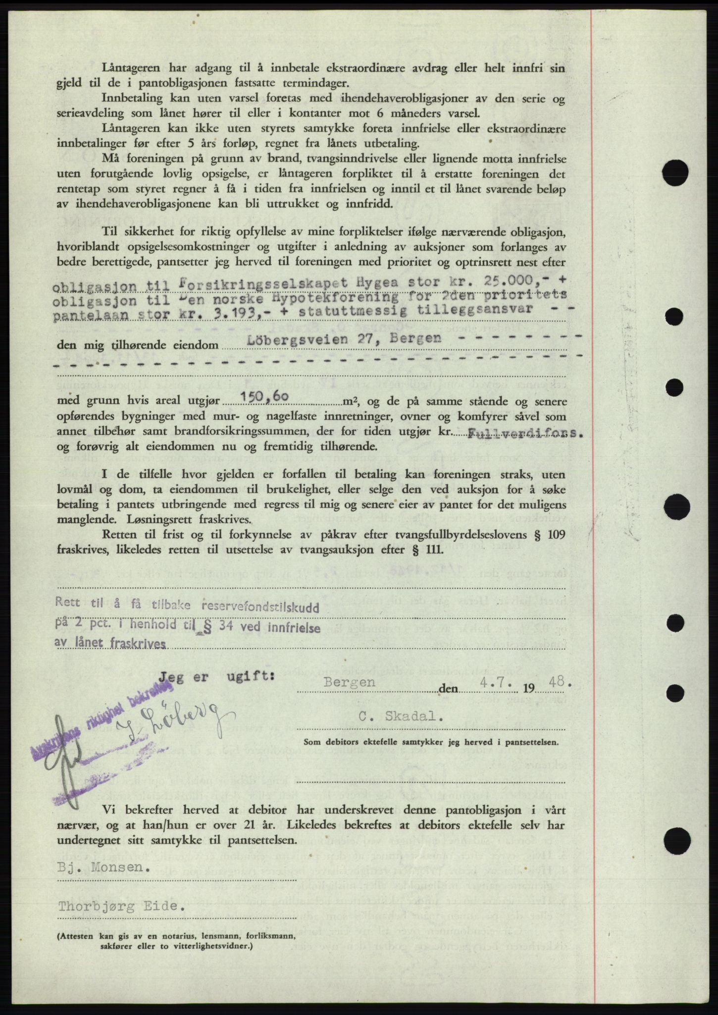 Byfogd og Byskriver i Bergen, AV/SAB-A-3401/03/03Bd/L0003: Mortgage book no. B29-39, 1947-1950, Diary no: : 6980/1948