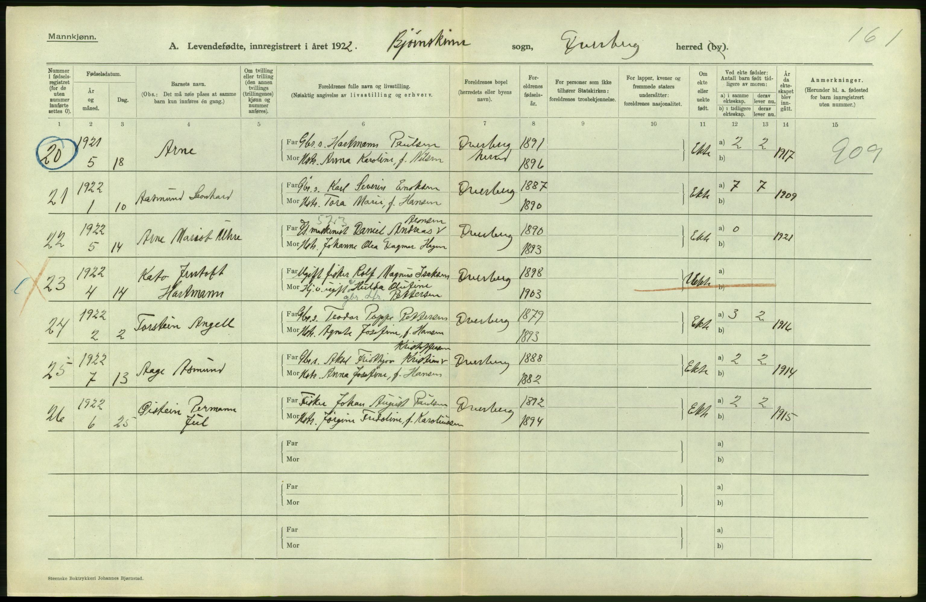 Statistisk sentralbyrå, Sosiodemografiske emner, Befolkning, AV/RA-S-2228/D/Df/Dfc/Dfcb/L0044: Nordland fylke: Levendefødte menn og kvinner. Bygder og byer., 1922, p. 130