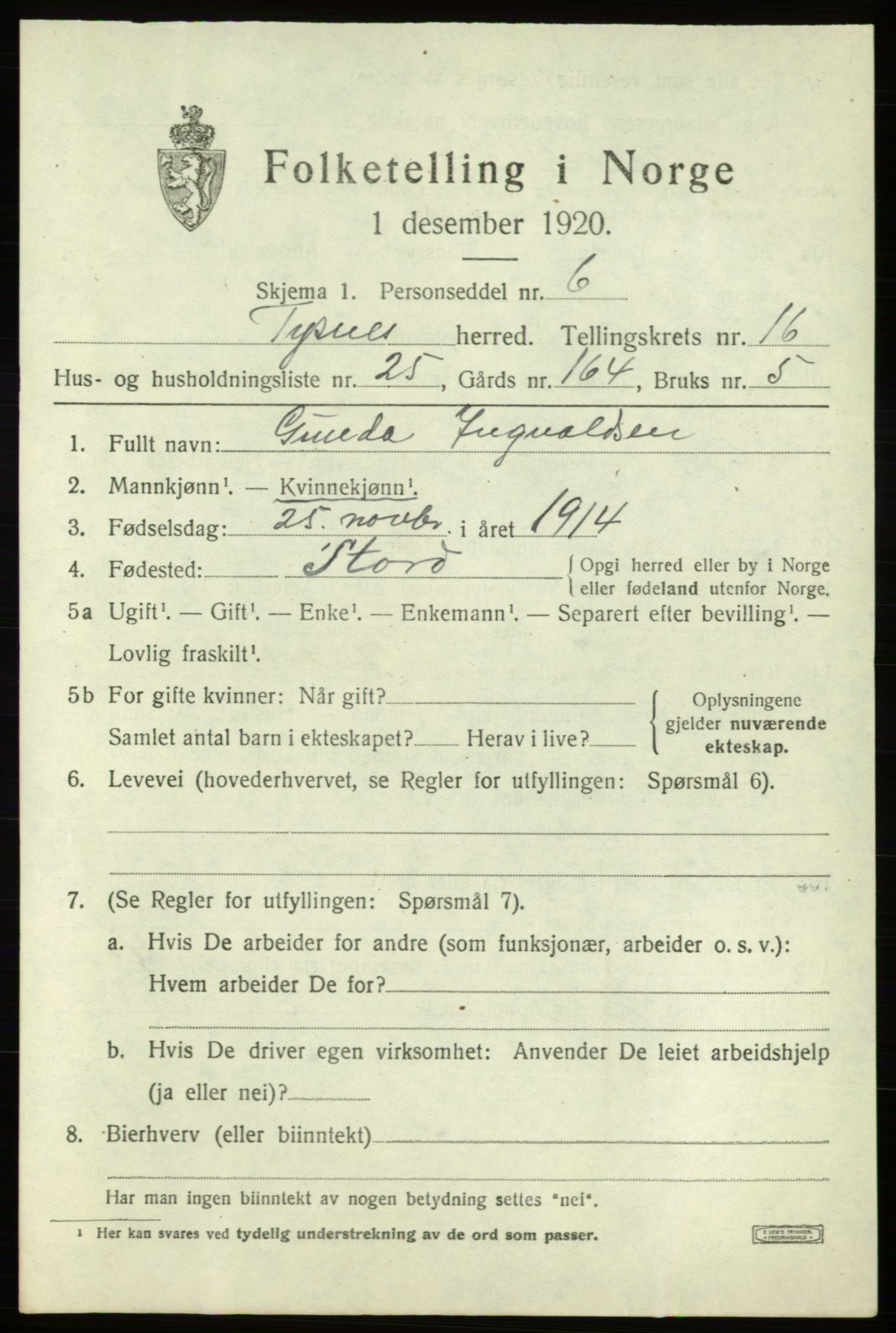 SAB, 1920 census for Tysnes, 1920, p. 10420