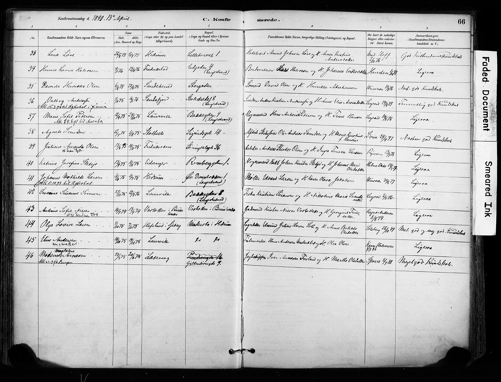 Larvik kirkebøker, AV/SAKO-A-352/F/Fa/L0008: Parish register (official) no. I 8, 1884-1902, p. 66