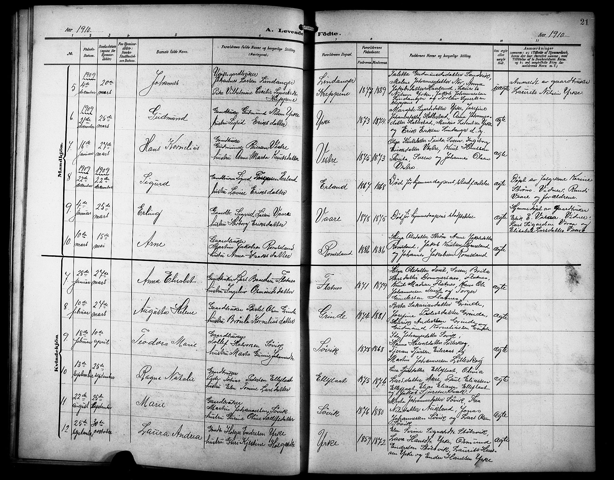 Skjold sokneprestkontor, AV/SAST-A-101847/H/Ha/Hab/L0008: Parish register (copy) no. B 8, 1906-1920, p. 21