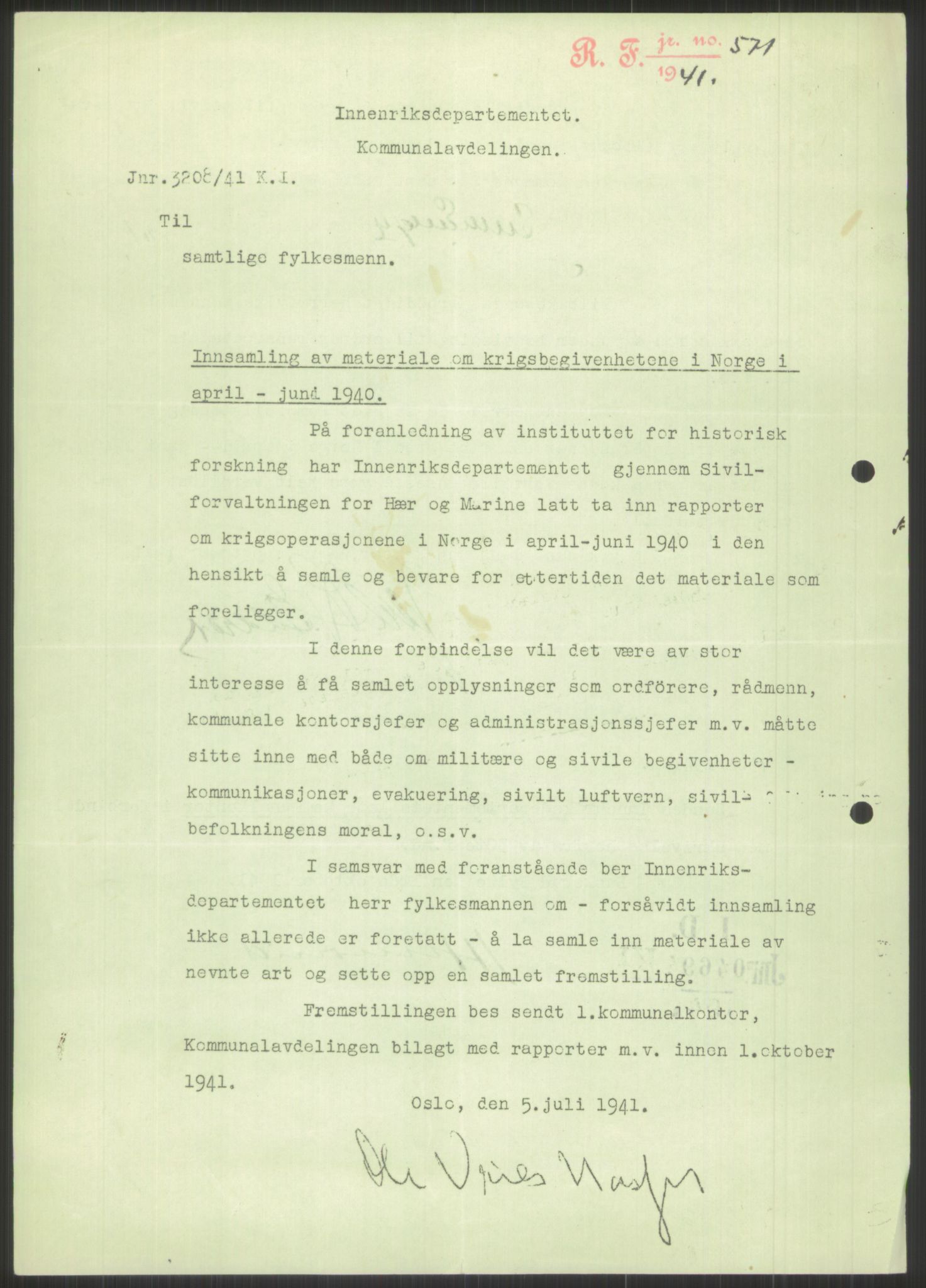 Forsvaret, Forsvarets krigshistoriske avdeling, AV/RA-RAFA-2017/Y/Ya/L0014: II-C-11-31 - Fylkesmenn.  Rapporter om krigsbegivenhetene 1940., 1940, p. 490