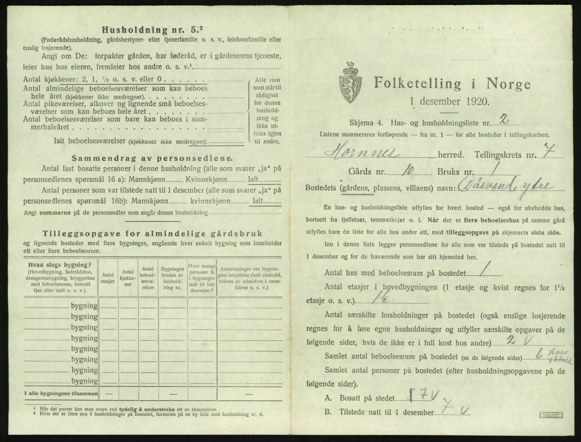 SAK, 1920 census for Hornnes, 1920, p. 265