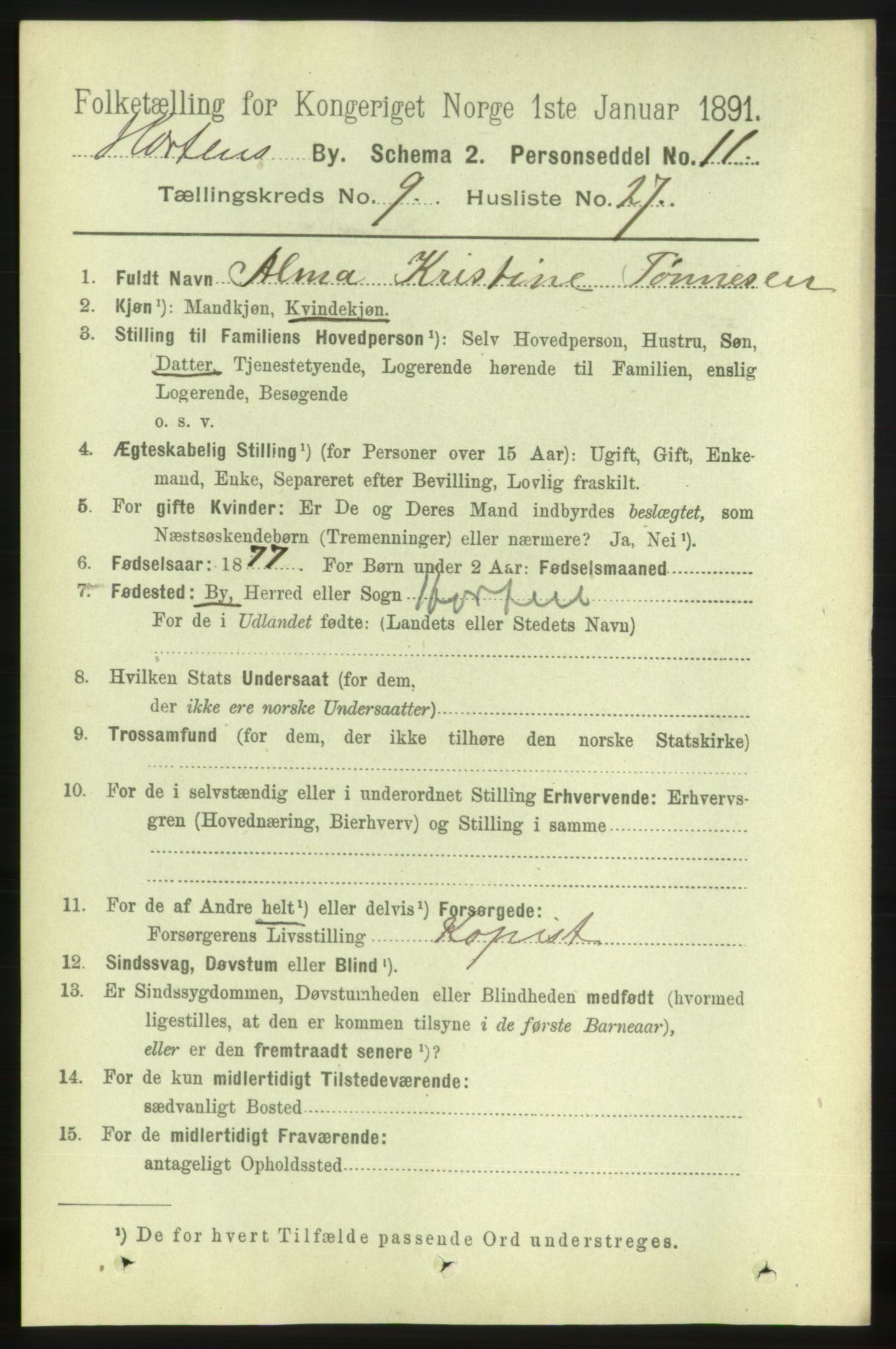 RA, 1891 census for 0703 Horten, 1891, p. 5857