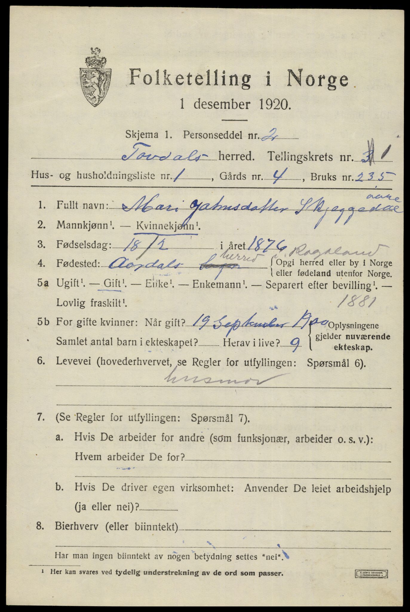 SAK, 1920 census for Tovdal, 1920, p. 149