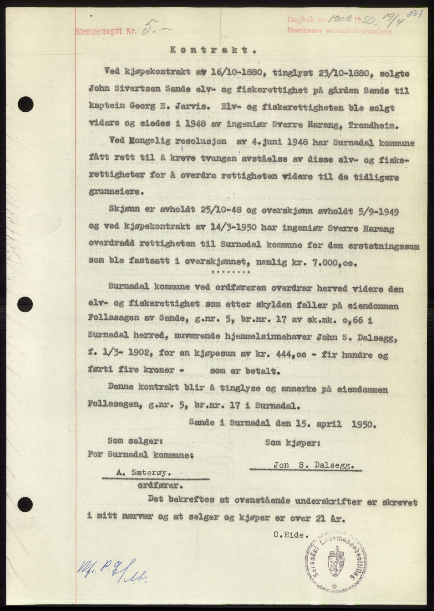 Nordmøre sorenskriveri, AV/SAT-A-4132/1/2/2Ca: Mortgage book no. B104, 1950-1950, Diary no: : 1202/1950