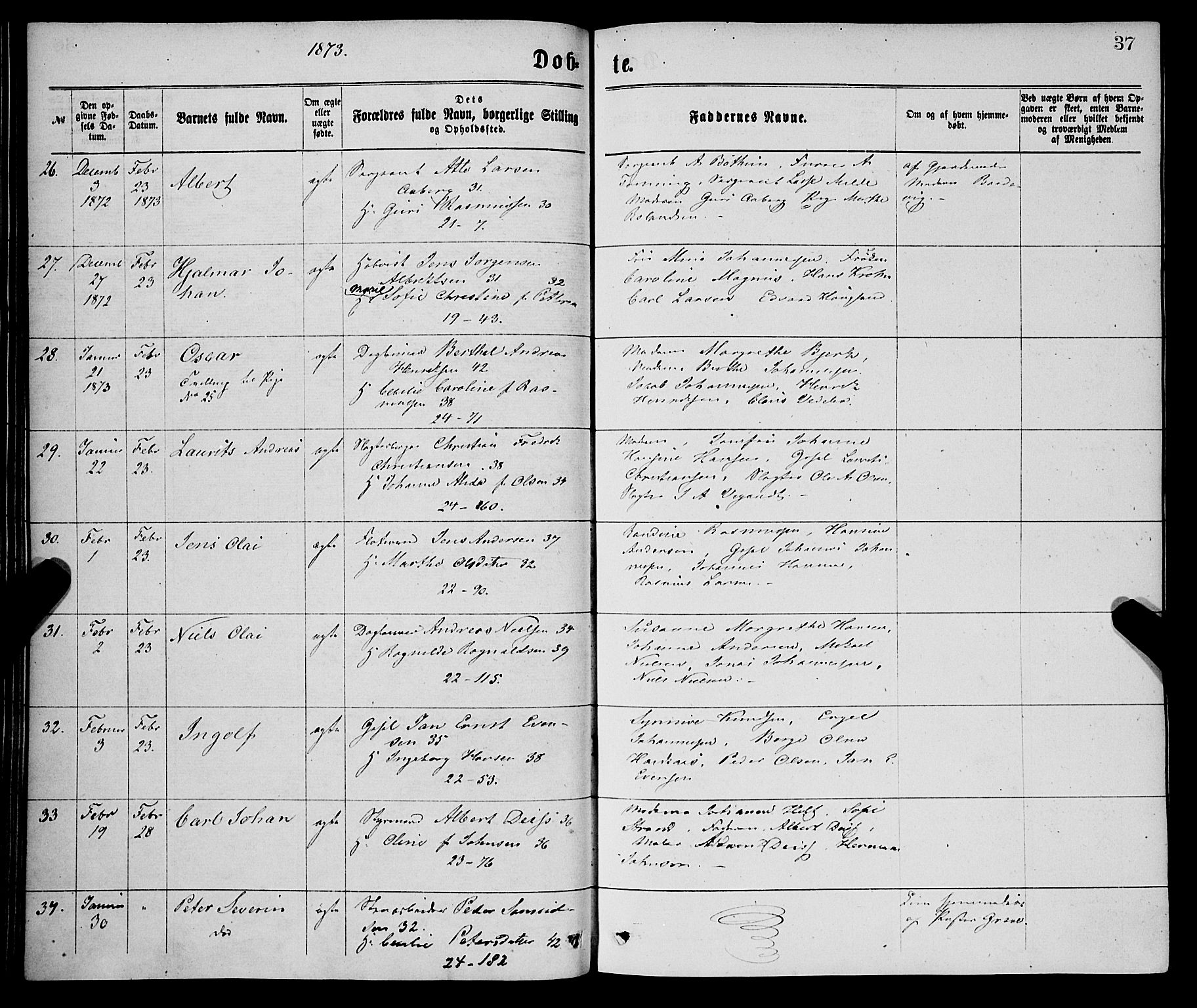 Korskirken sokneprestembete, SAB/A-76101/H/Haa/L0020: Parish register (official) no. B 6, 1871-1878, p. 37
