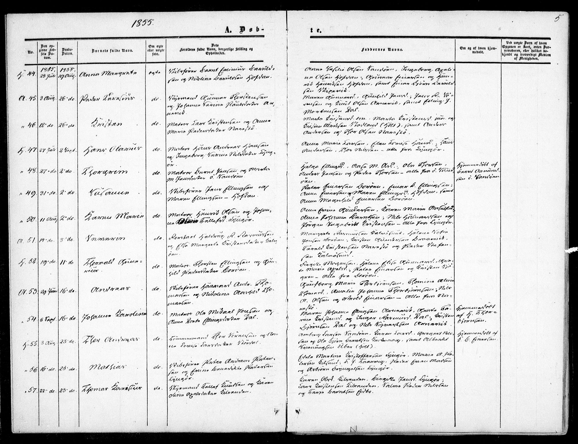 Dypvåg sokneprestkontor, SAK/1111-0007/F/Fa/Faa/L0006: Parish register (official) no. A 6, 1855-1872, p. 5