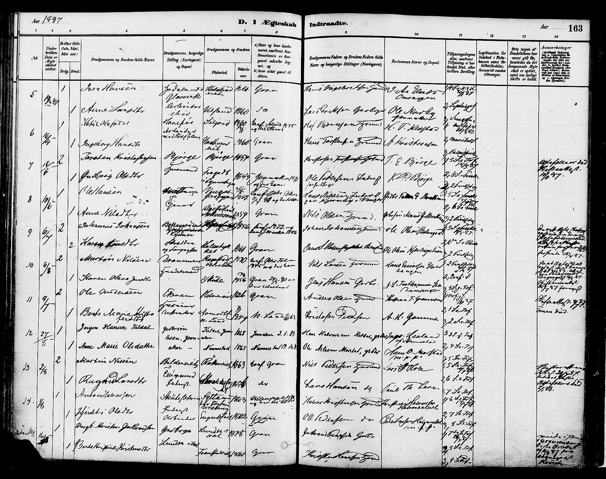 Gran prestekontor, SAH/PREST-112/H/Ha/Haa/L0014: Parish register (official) no. 14, 1880-1889, p. 163