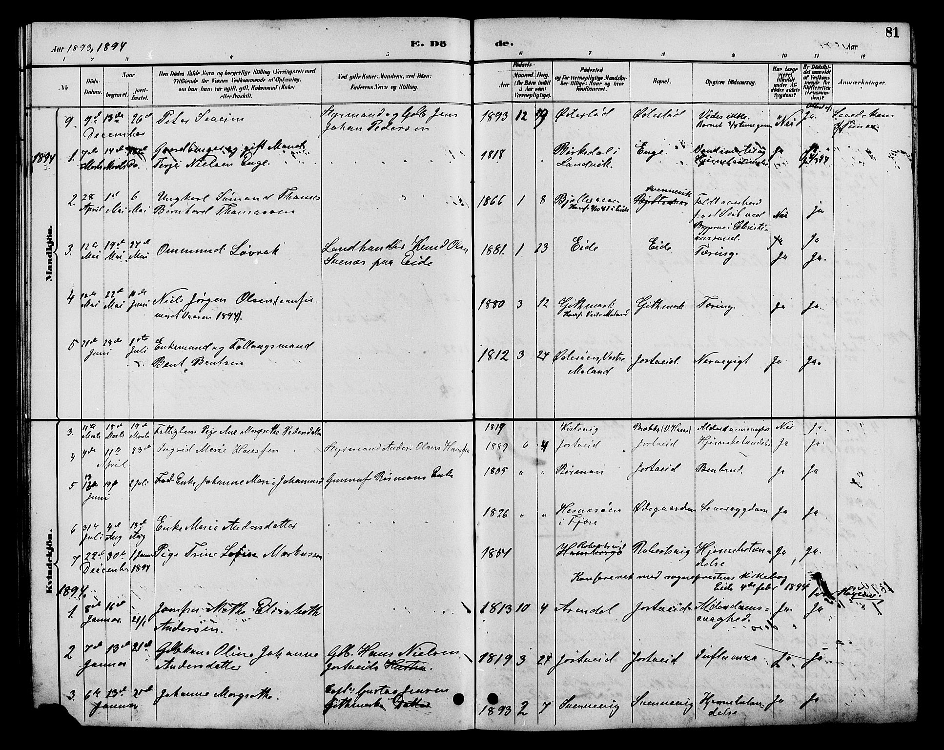 Hommedal sokneprestkontor, AV/SAK-1111-0023/F/Fb/Fba/L0004: Parish register (copy) no. B 4, 1885-1908, p. 81