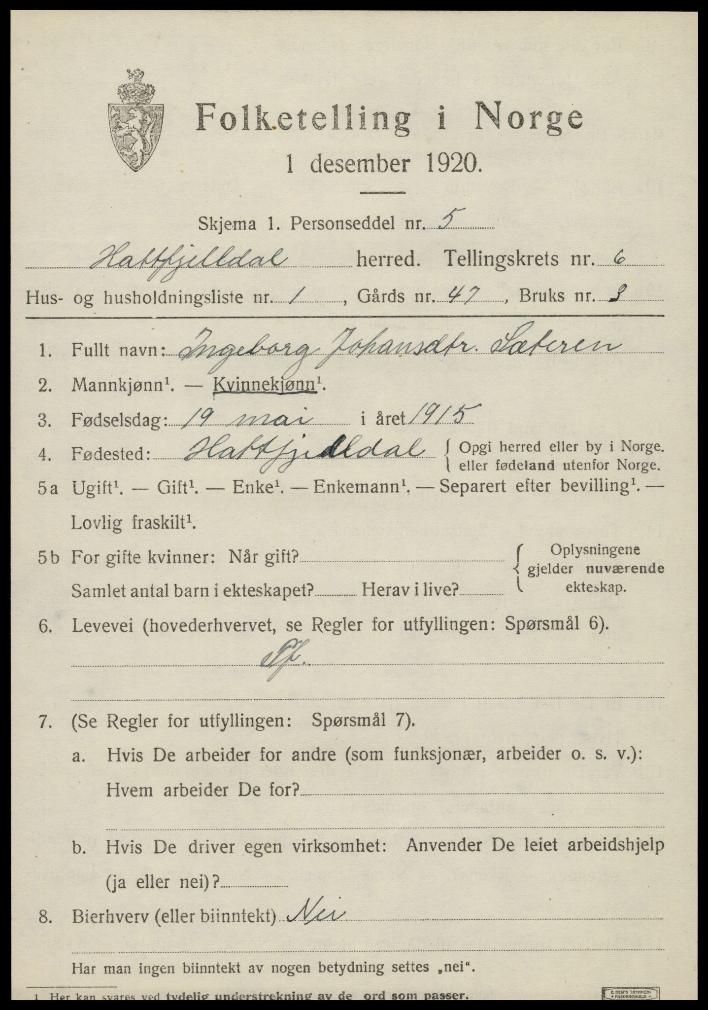 SAT, 1920 census for Hattfjelldal, 1920, p. 1268