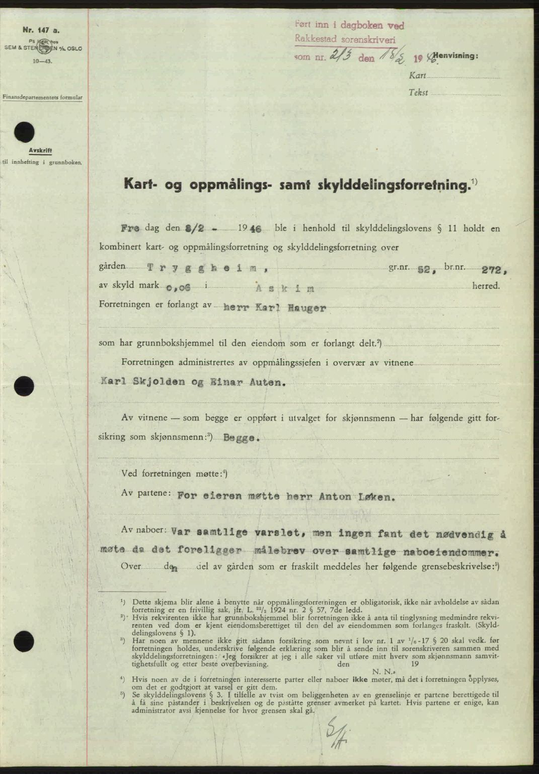 Rakkestad sorenskriveri, AV/SAO-A-10686/G/Gb/Gba/Gbab/L0012a: Mortgage book no. A12 I, 1945-1946, Diary no: : 213/1946