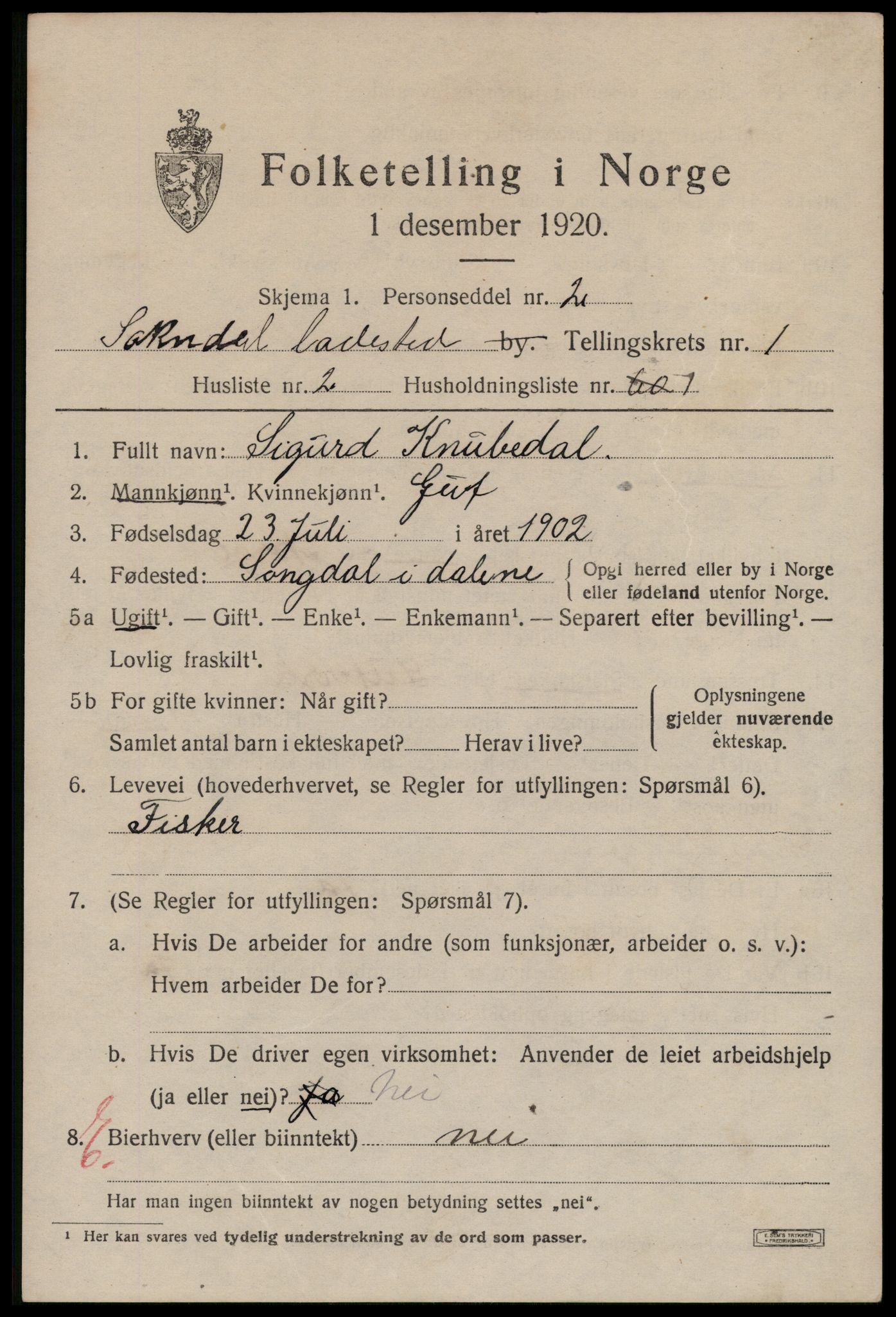 SAST, 1920 census for Sokndal town, 1920, p. 421