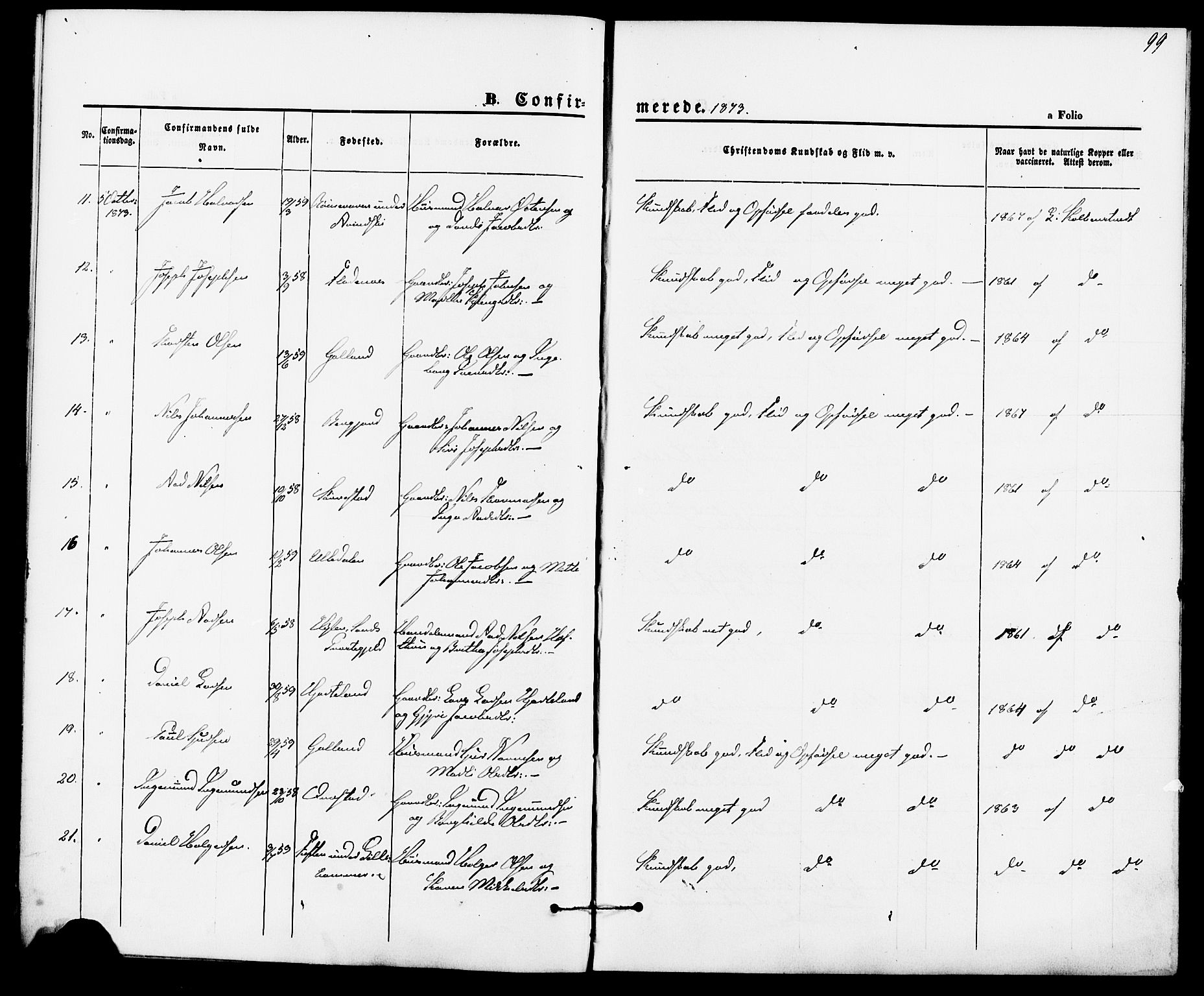 Suldal sokneprestkontor, AV/SAST-A-101845/01/IV/L0010: Parish register (official) no. A 10, 1869-1878, p. 99