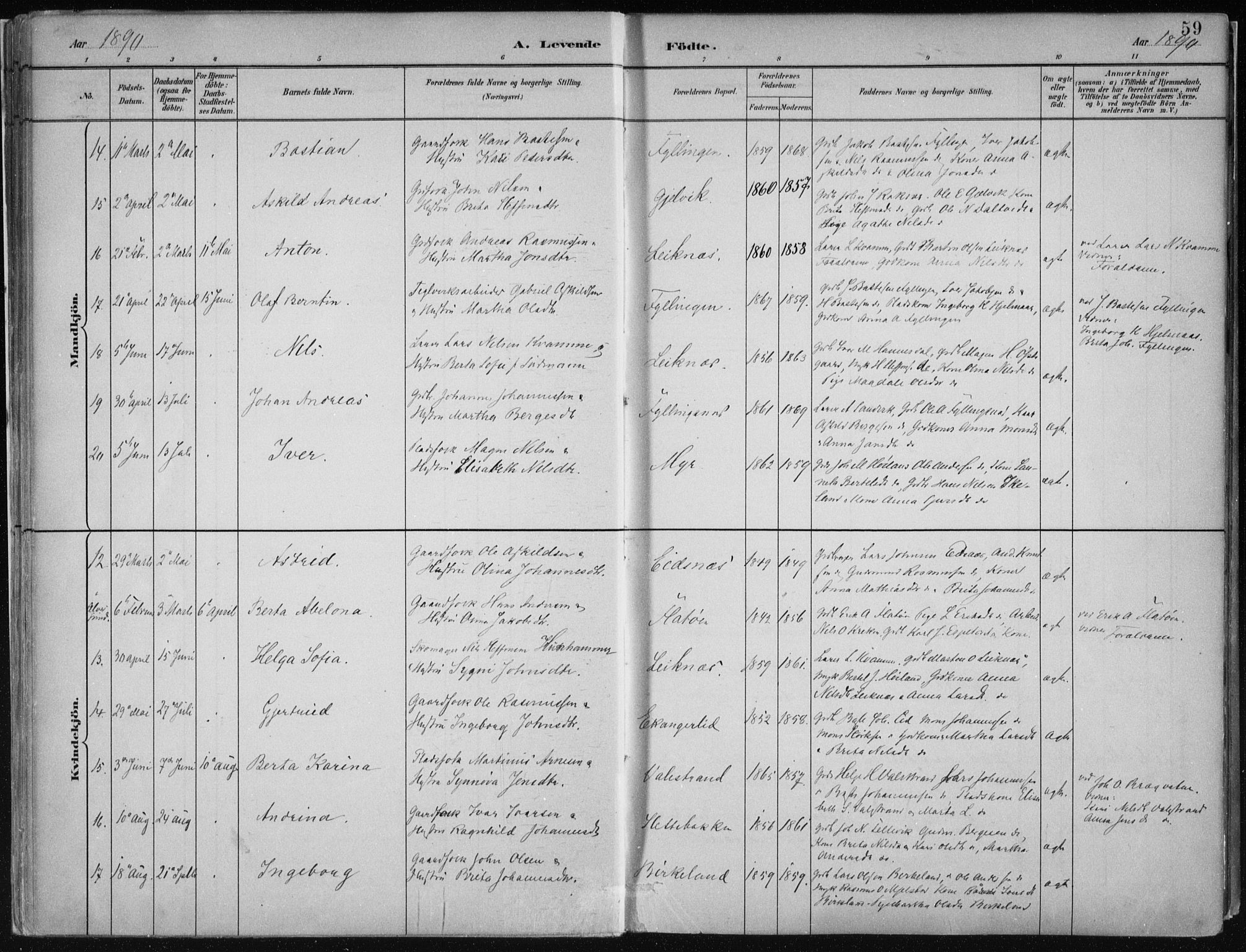 Hamre sokneprestembete, SAB/A-75501/H/Ha/Haa/Haab/L0001: Parish register (official) no. B  1, 1882-1905, p. 59