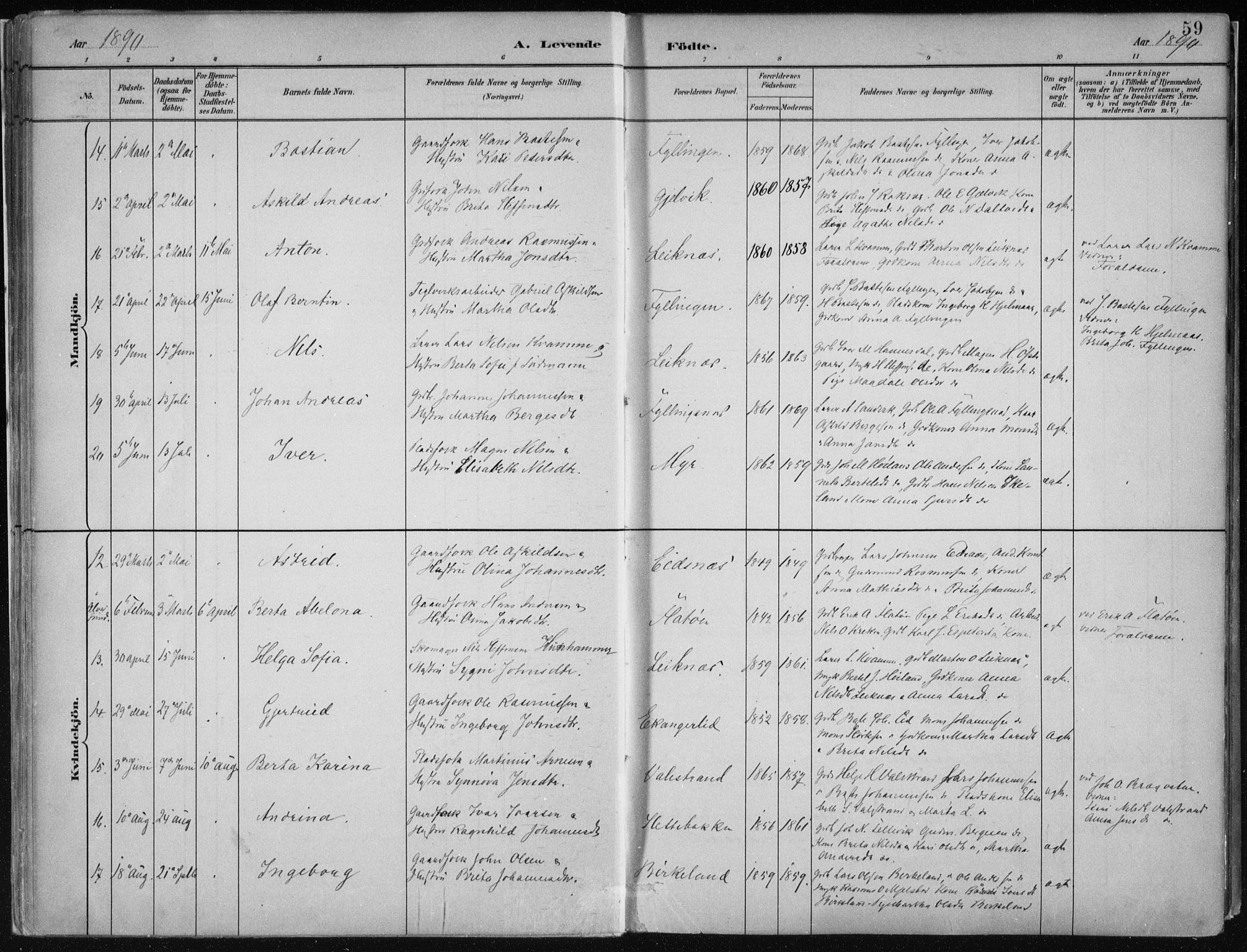 Hamre sokneprestembete, AV/SAB-A-75501/H/Ha/Haa/Haab/L0001: Parish register (official) no. B  1, 1882-1905, p. 59