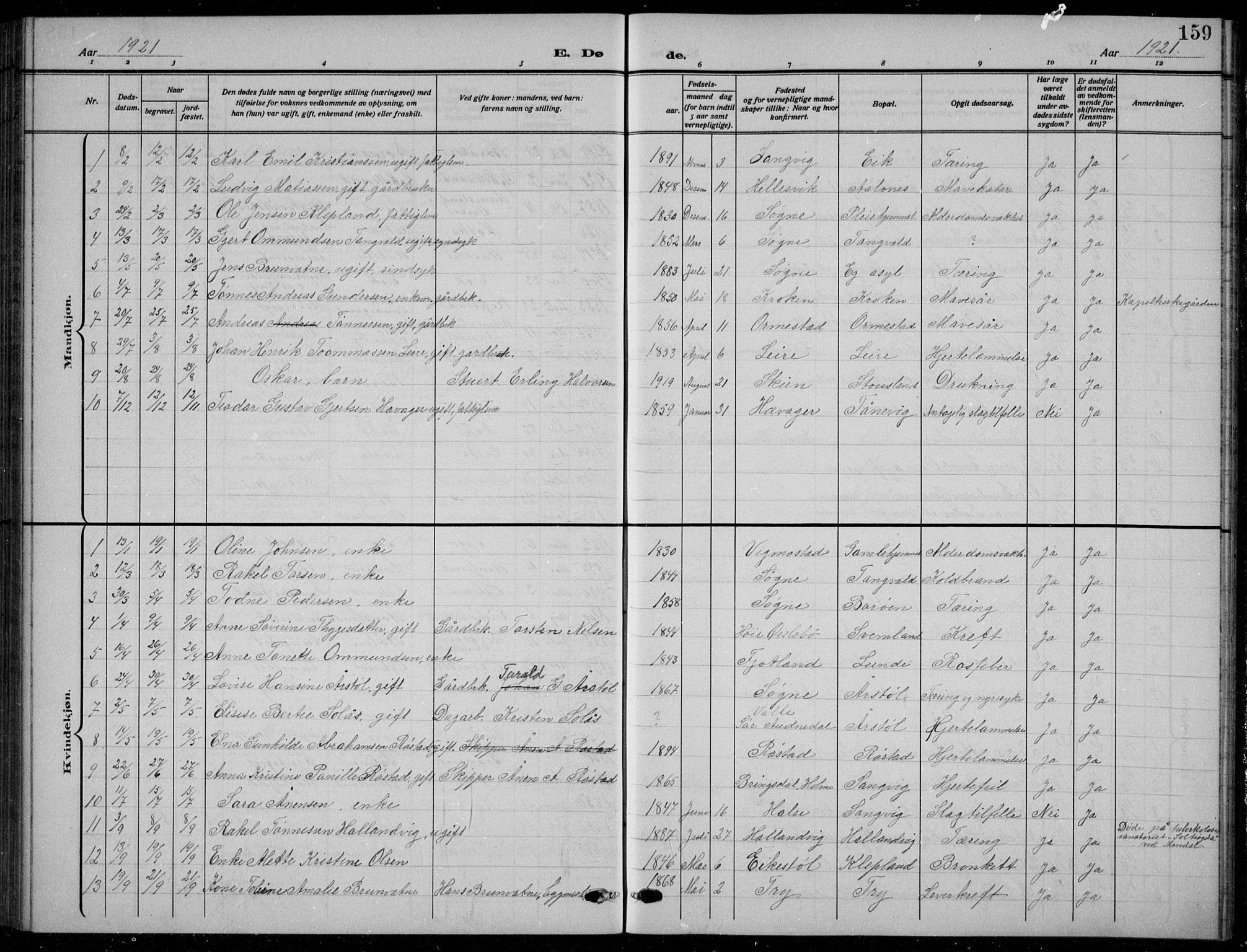 Søgne sokneprestkontor, SAK/1111-0037/F/Fb/Fbb/L0007: Parish register (copy) no. B 7, 1912-1931, p. 159