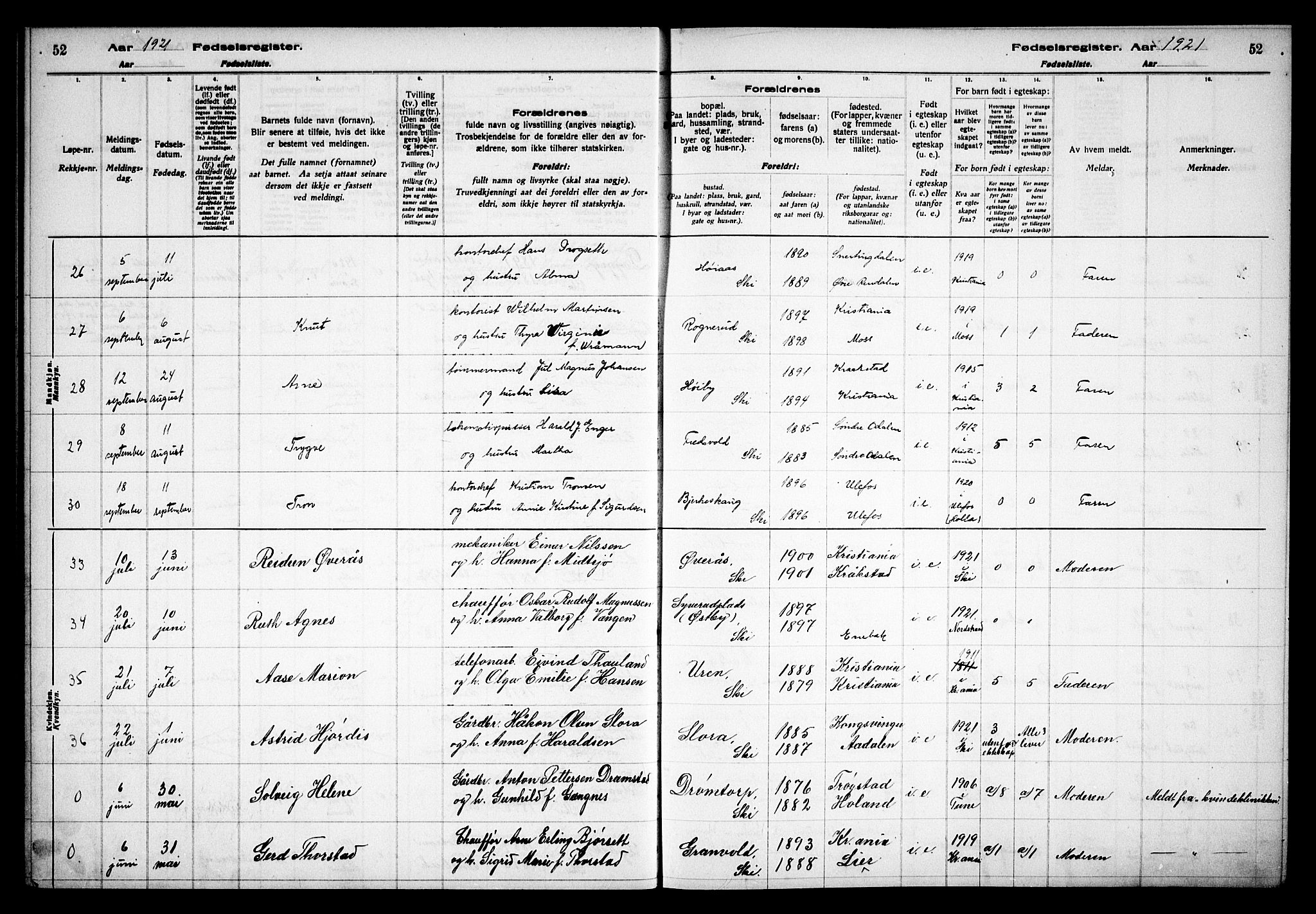 Kråkstad prestekontor Kirkebøker, AV/SAO-A-10125a/J/Jb/L0001: Birth register no. II 1, 1916-1936, p. 52