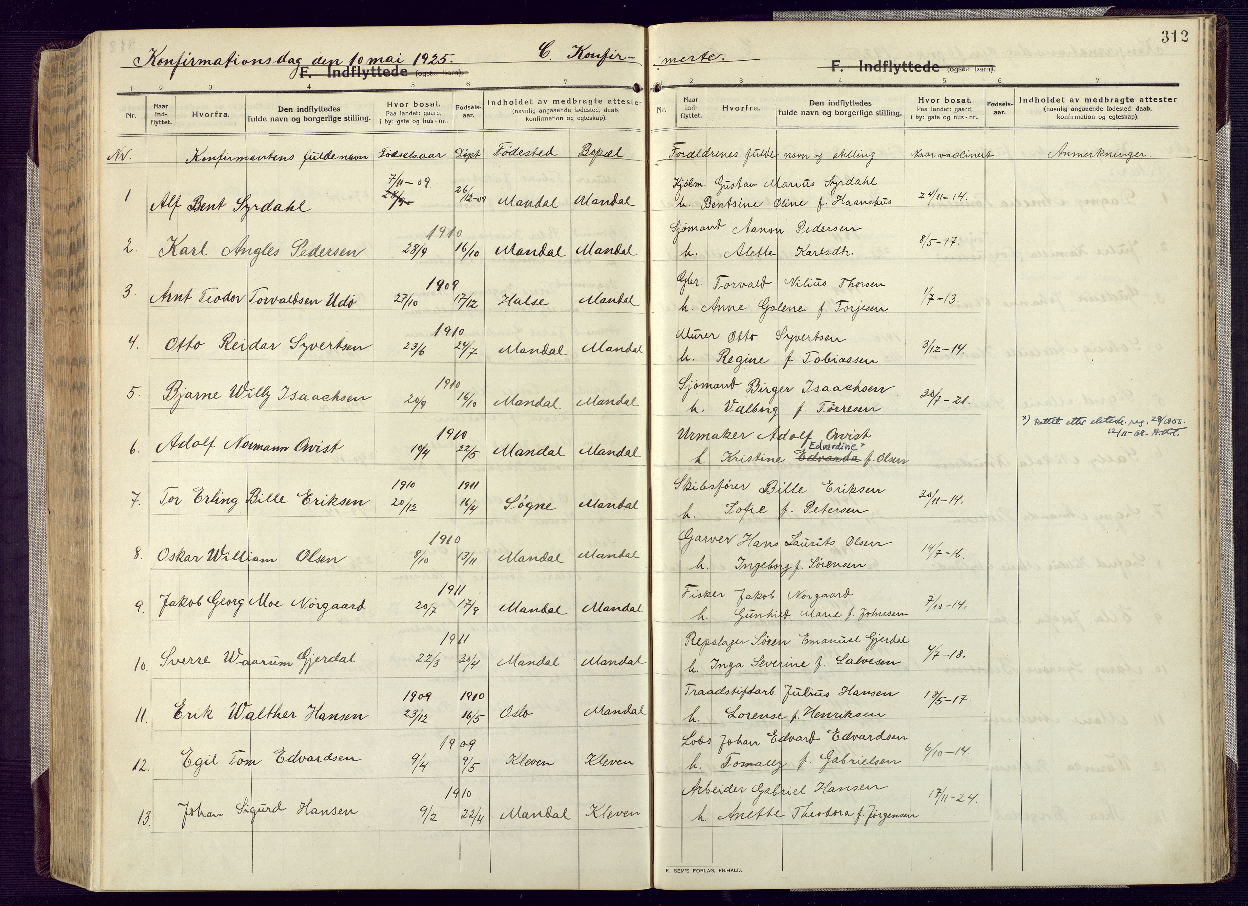 Mandal sokneprestkontor, SAK/1111-0030/F/Fa/Fac/L0001: Parish register (official) no. A 1, 1913-1925, p. 312