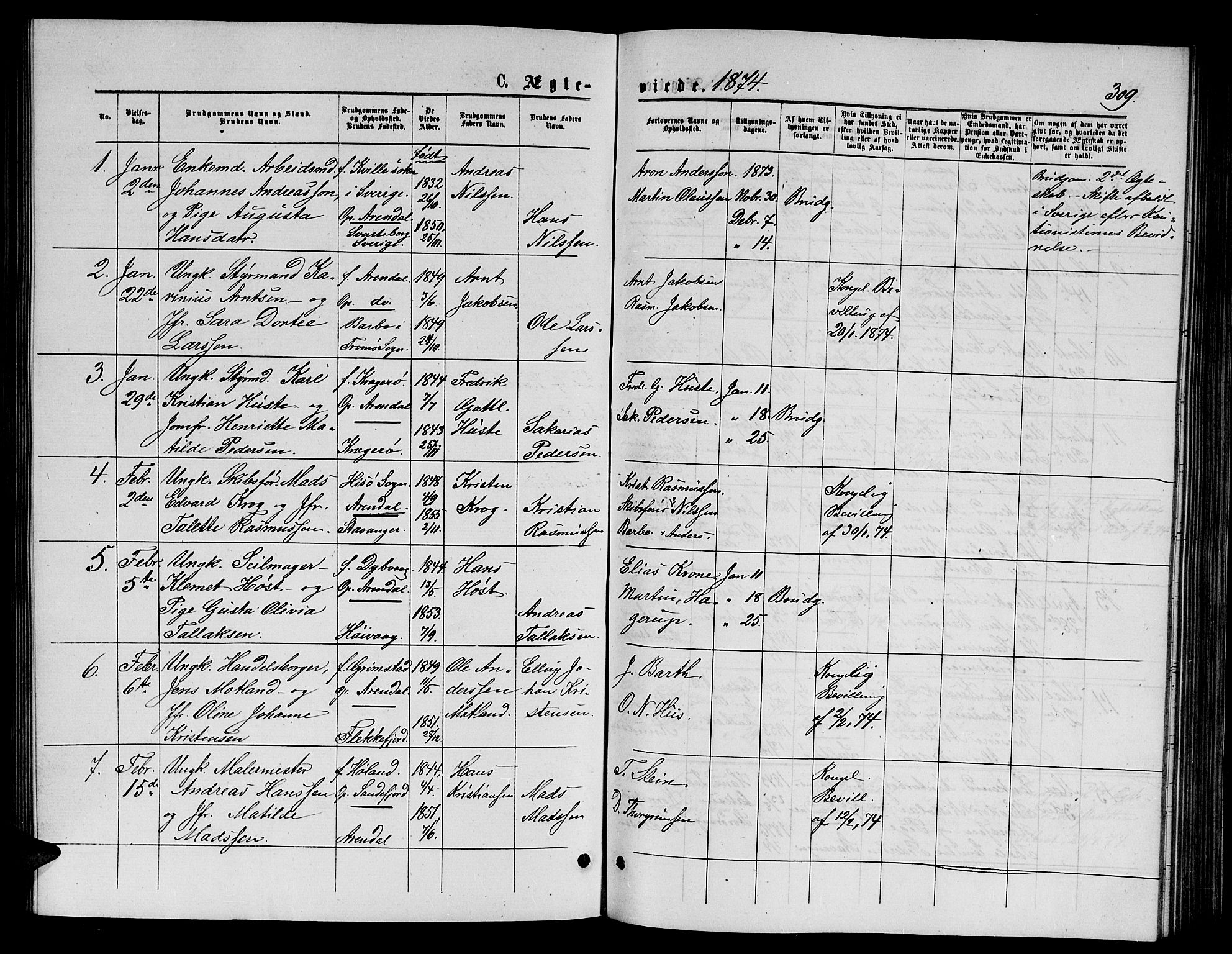 Arendal sokneprestkontor, Trefoldighet, SAK/1111-0040/F/Fb/L0005: Parish register (copy) no. B 5, 1874-1888, p. 309