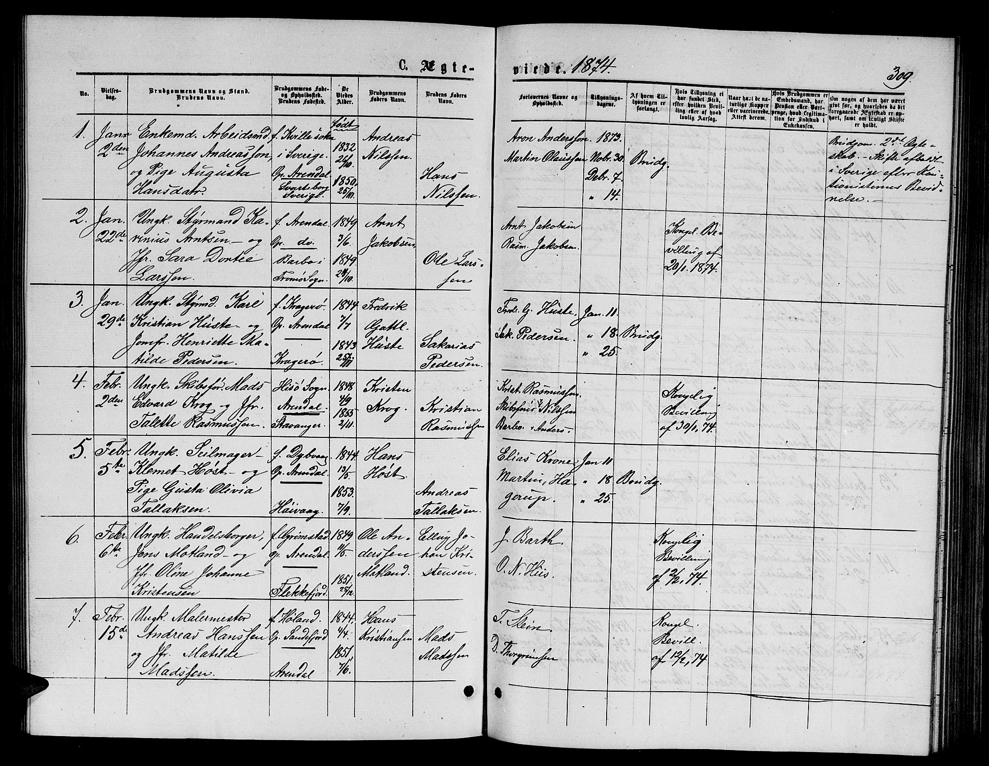 Arendal sokneprestkontor, Trefoldighet, AV/SAK-1111-0040/F/Fb/L0005: Parish register (copy) no. B 5, 1874-1888, p. 309