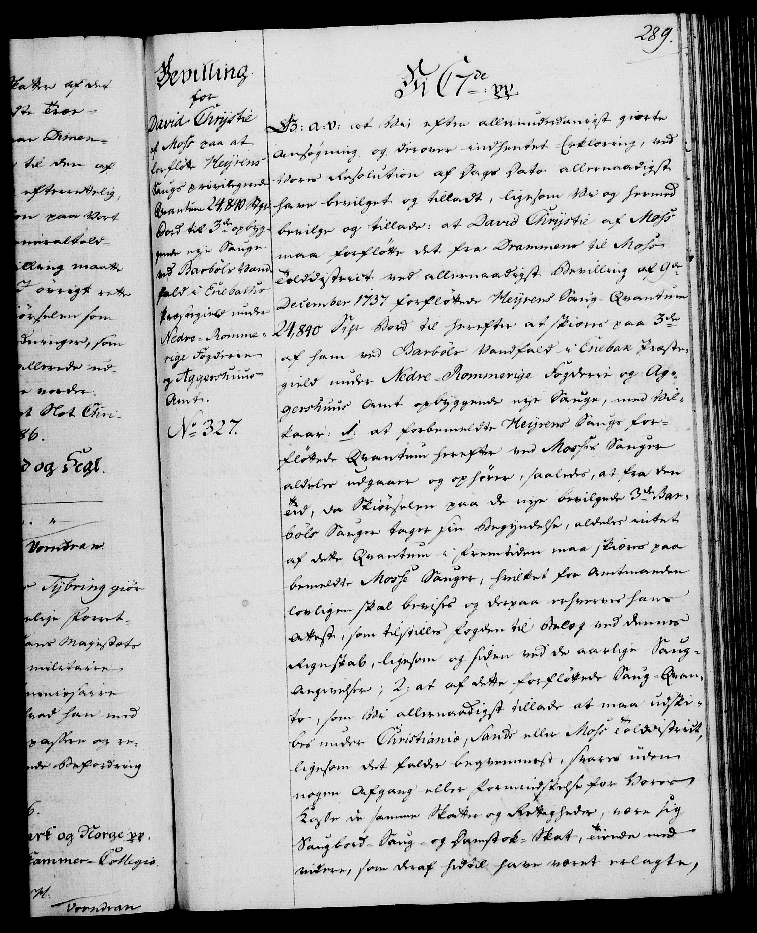 Rentekammeret, Kammerkanselliet, RA/EA-3111/G/Gg/Gga/L0013: Norsk ekspedisjonsprotokoll med register (merket RK 53.13), 1784-1787, p. 289