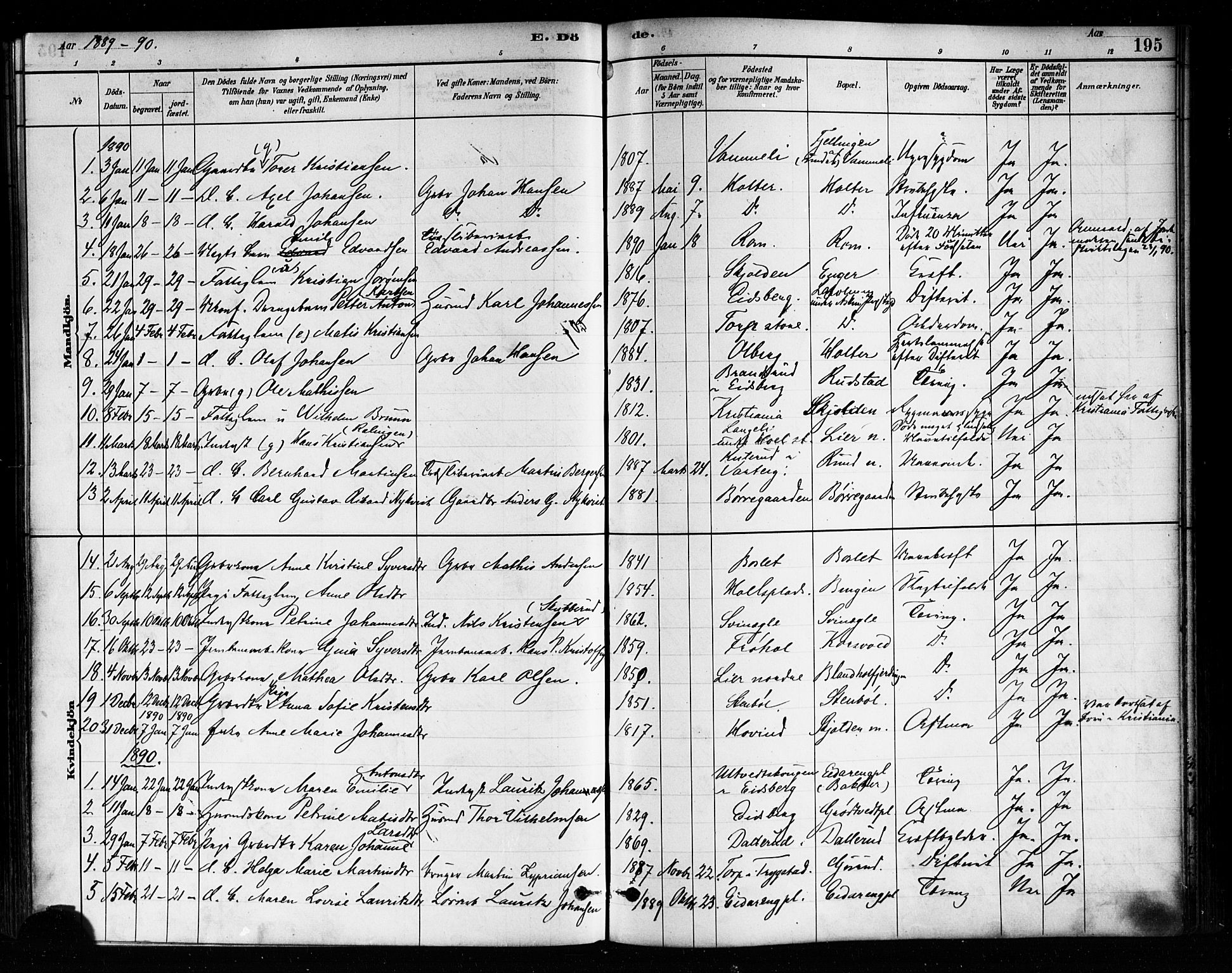 Askim prestekontor Kirkebøker, SAO/A-10900/F/Fa/L0007: Parish register (official) no. 7, 1882-1897, p. 195