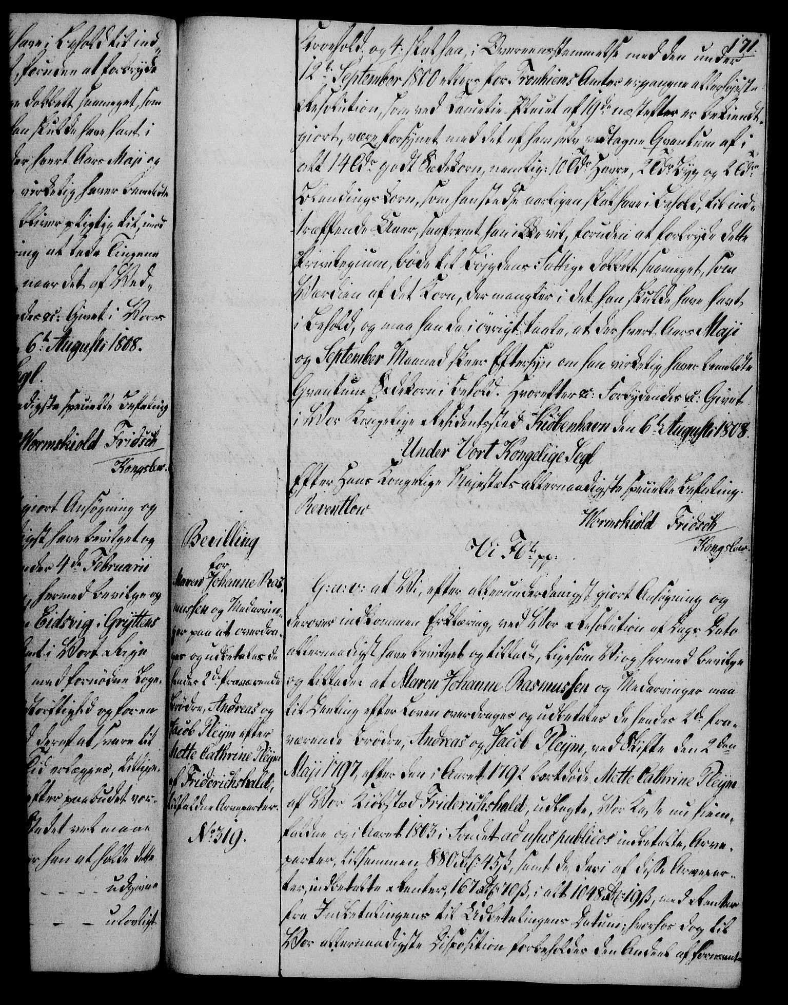 Rentekammeret, Kammerkanselliet, AV/RA-EA-3111/G/Gg/Gga/L0019: Norsk ekspedisjonsprotokoll med register (merket RK 53.19), 1807-1810, p. 171