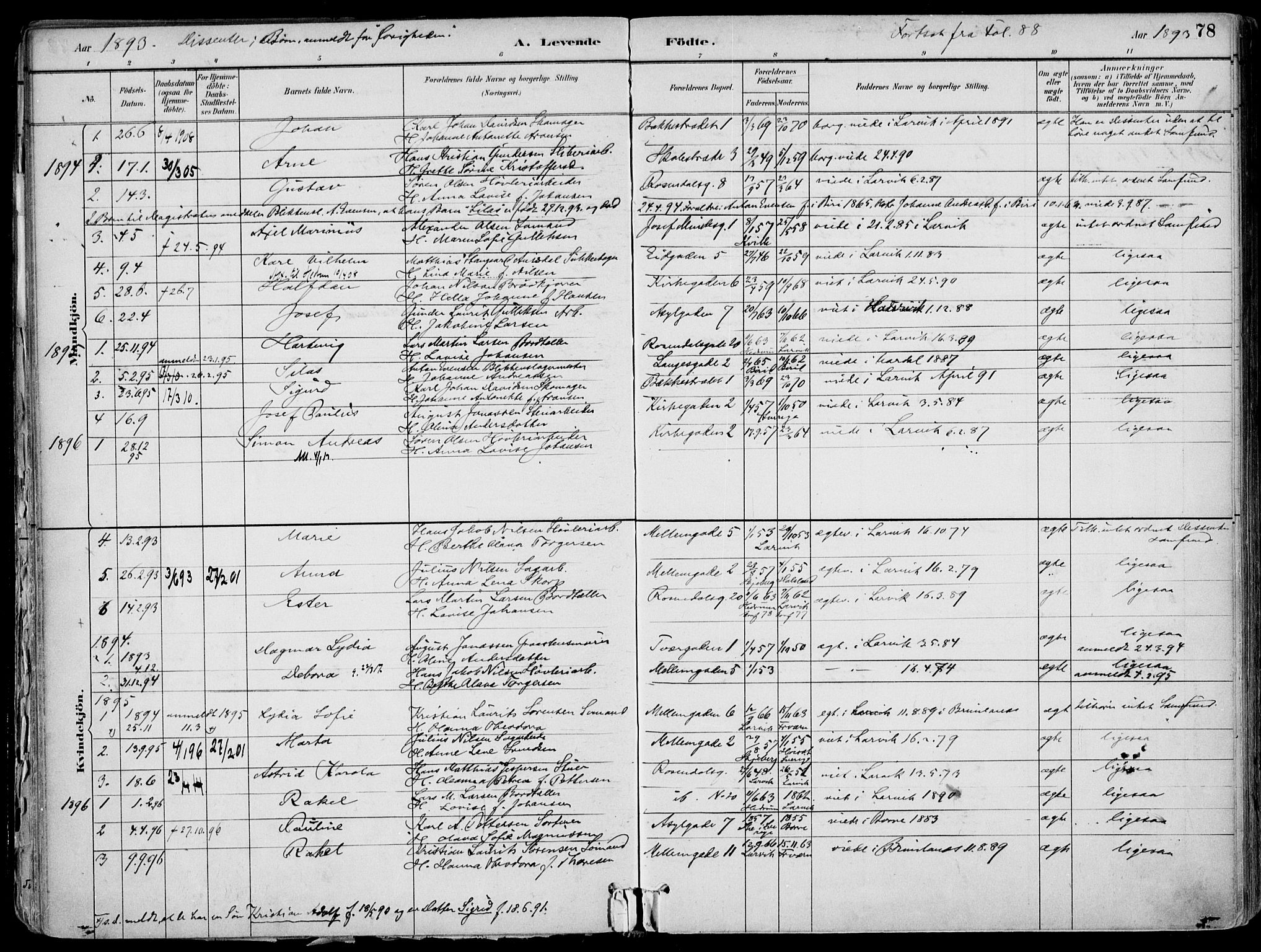 Larvik kirkebøker, AV/SAKO-A-352/F/Fb/L0004: Parish register (official) no. II 4, 1884-1902, p. 78